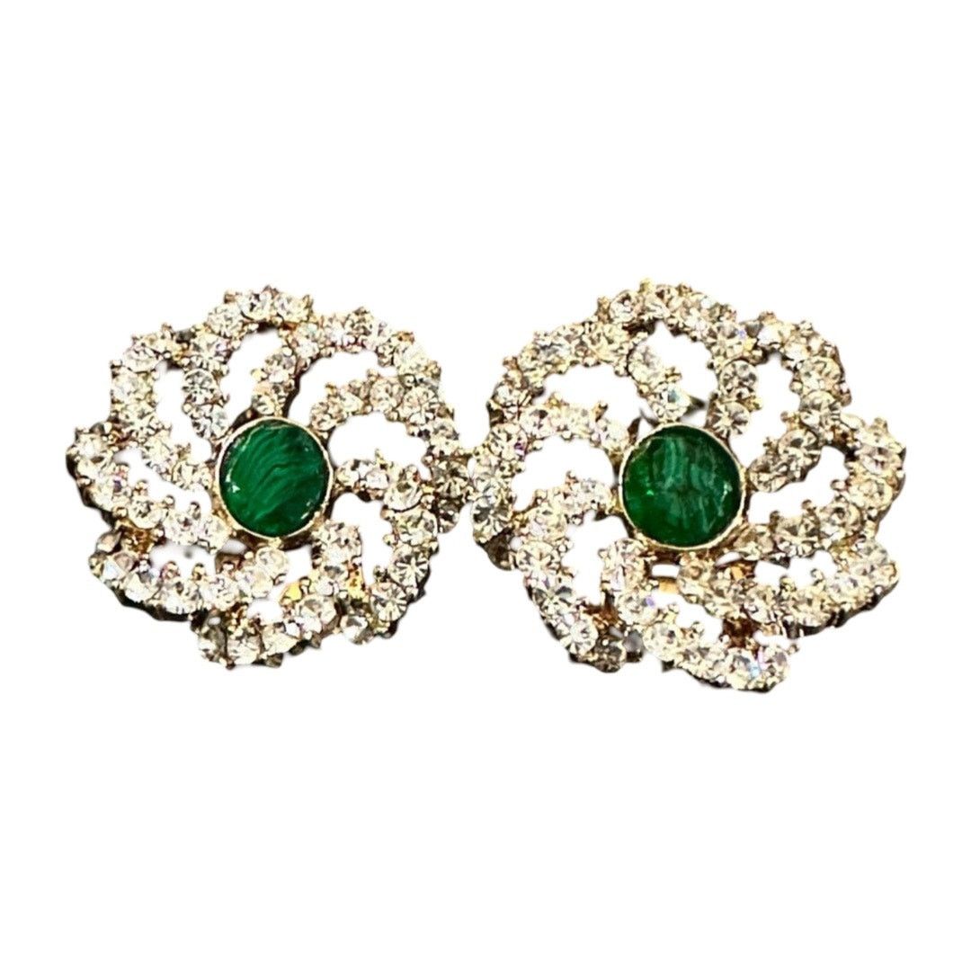 Other Vintage Emerald Clear Crystal Round Floral Pendant Earrings Size ONE SIZE - 9 Thumbnail