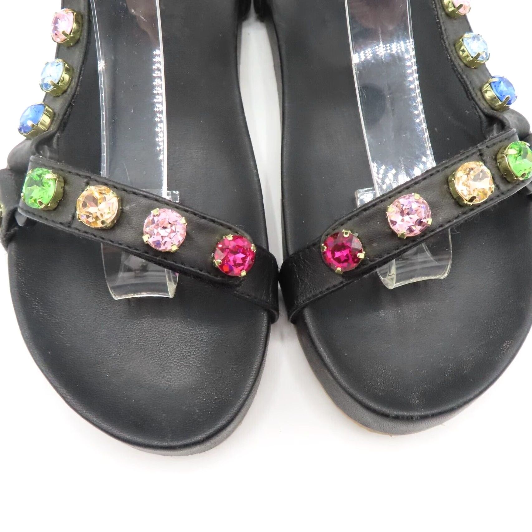 Rainbow Mystique Stephanie Gottlieb Women Sandal 8 Rainbow Rhinestone Hook Loop Leather Black Leather Sandals Womens Shoes Size US 8 / IT 38 - 3 Thumbnail