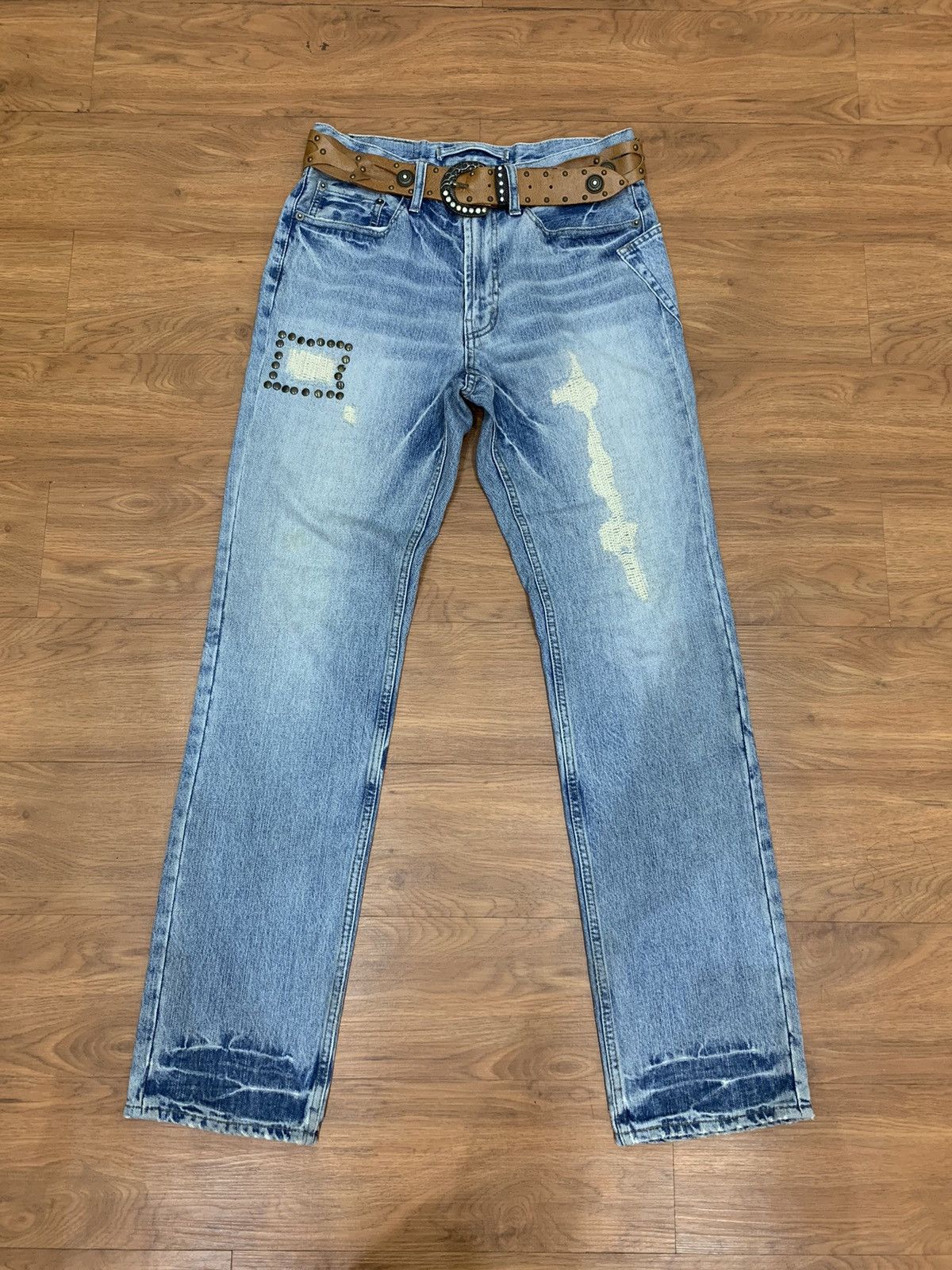 image of Ppfm Distressed Washed Jeans With Sick Studded Belt in Blue, Men's (Size 30)