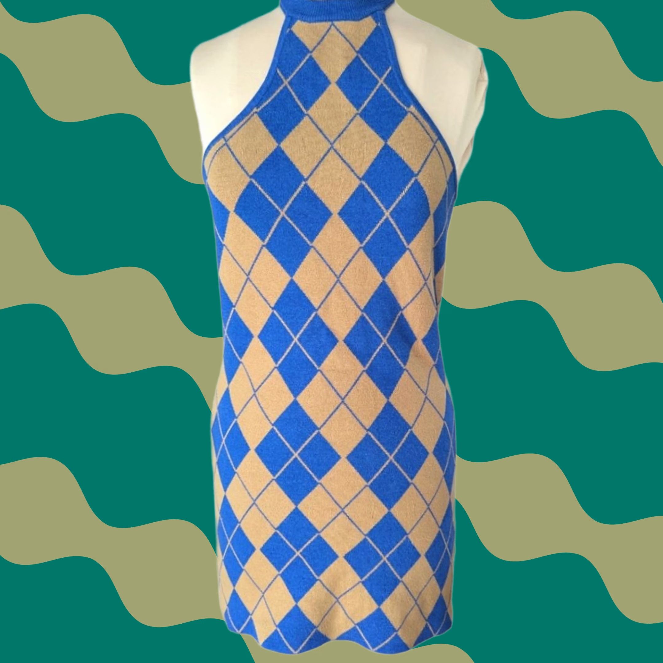 Urban Outfitters VINTAGE Urban Outfitters Argyle Halter Knit Mini Dress Blue Tan Womens M NWT Academia Size M / US 6-8 / IT 42-44 - 1 Thumbnail
