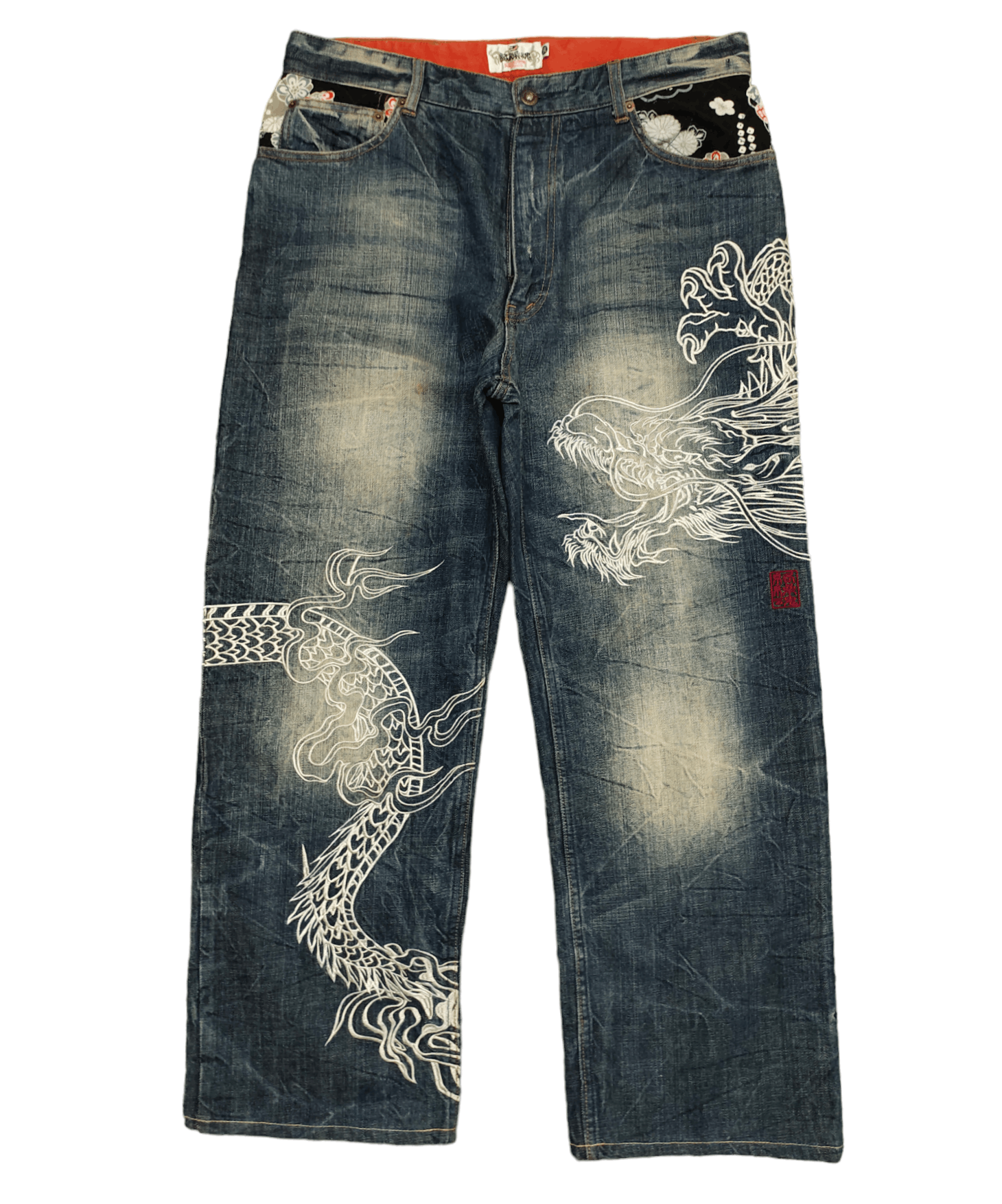 Image of Vintage VTG Karakuri Tamashi Sukajan Big Dragon Embroide Baggy Jeans, Men's (Size 34)