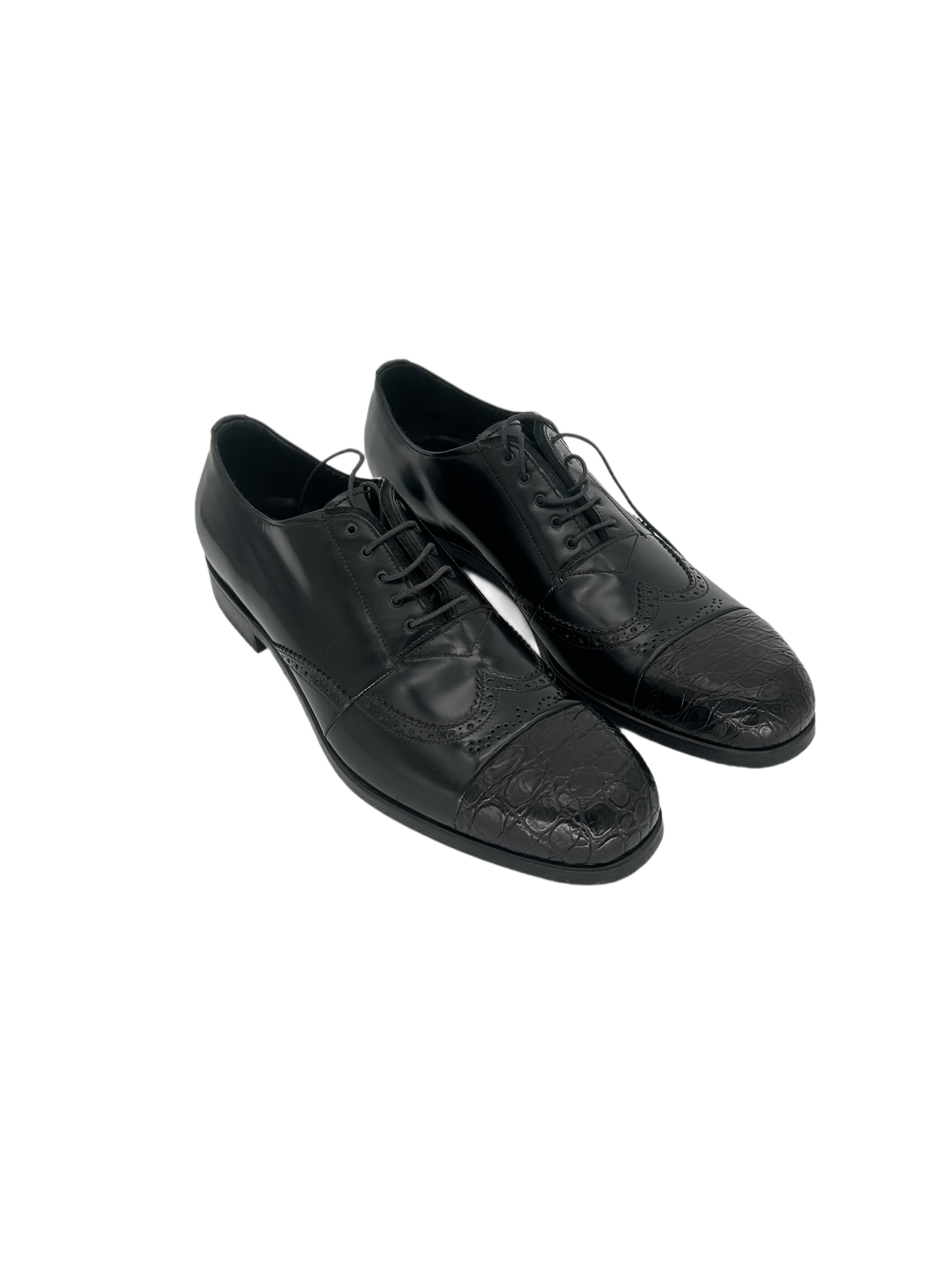 Prada Prada Black Hand Stitched Spazzalato leatherAlligatorToeShoe Size US 12 / EU 45 - 1 Thumbnail