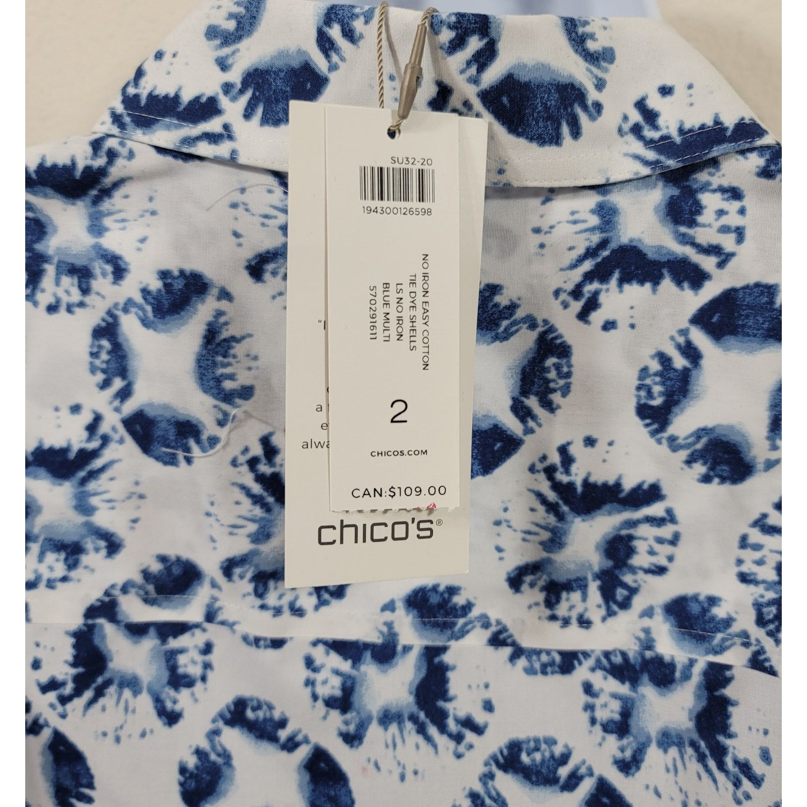 Chicos Chico's Blue Tie Dye Shells Henley No Iron Top 2 Large NWT Size L / US 10 / IT 46 - 2 Thumbnail