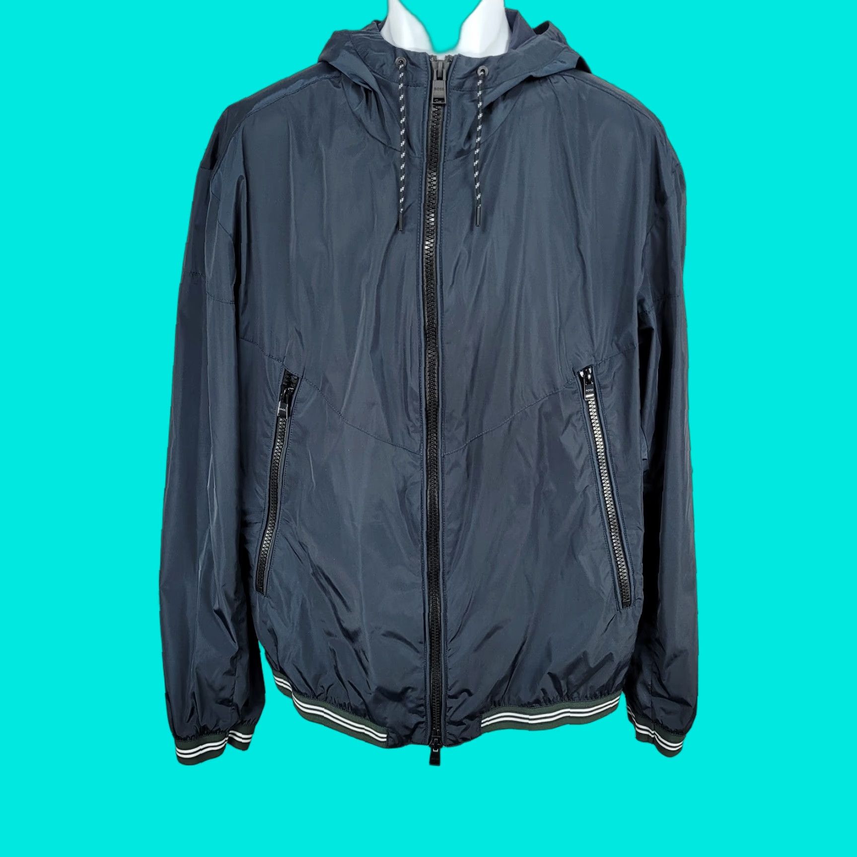 Vintage Boss Jacket Mens 44R Navy Hooded Lightweight Full Zip Inner Pocket Windbreaker Size US S / EU 44-46 / 1 - 1 Thumbnail