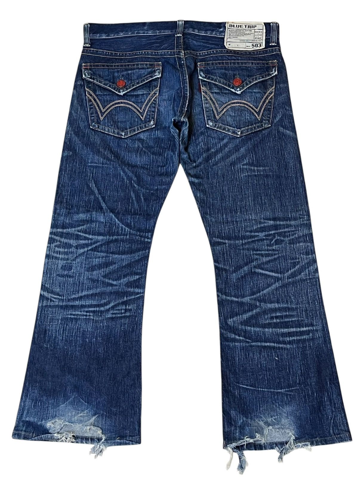 Edwin SICK🔥VINTAGE EDWIN 503 FLARED BLUE TRIP DISTRESSED JEANS Size US 35 - 1 Thumbnail