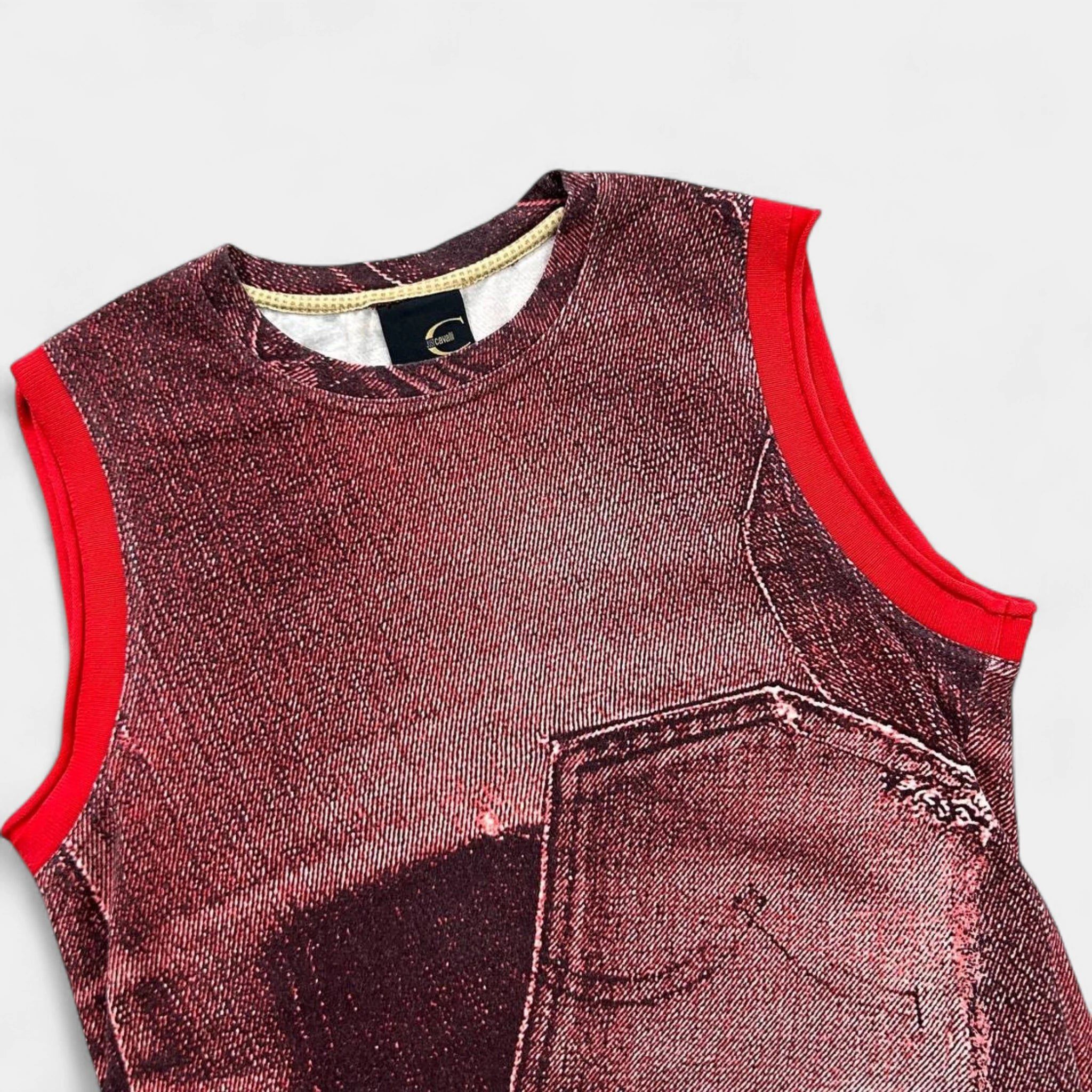 Roberto Cavalli Just Cavalli Red Denim Pattern Sleeveless T-Shirt Size S / US 4 / IT 40 - 2 Thumbnail