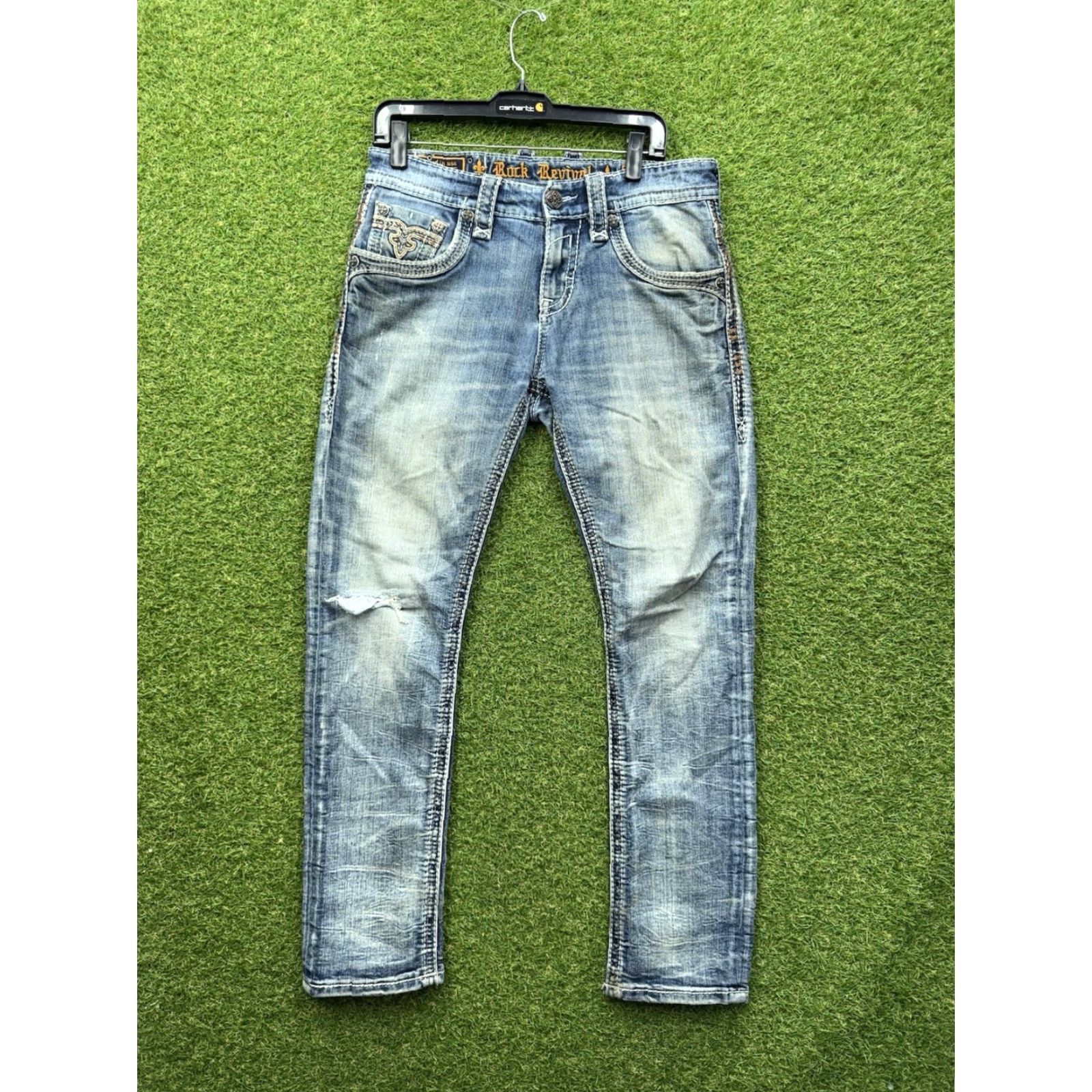 Vintage Rock Revival Jeans Men 31 Blue Priam Straight Denim 5-Pocket Distressed Regular Fit USA Rock Grunge Style Pants Size US 31 - 2 Thumbnail