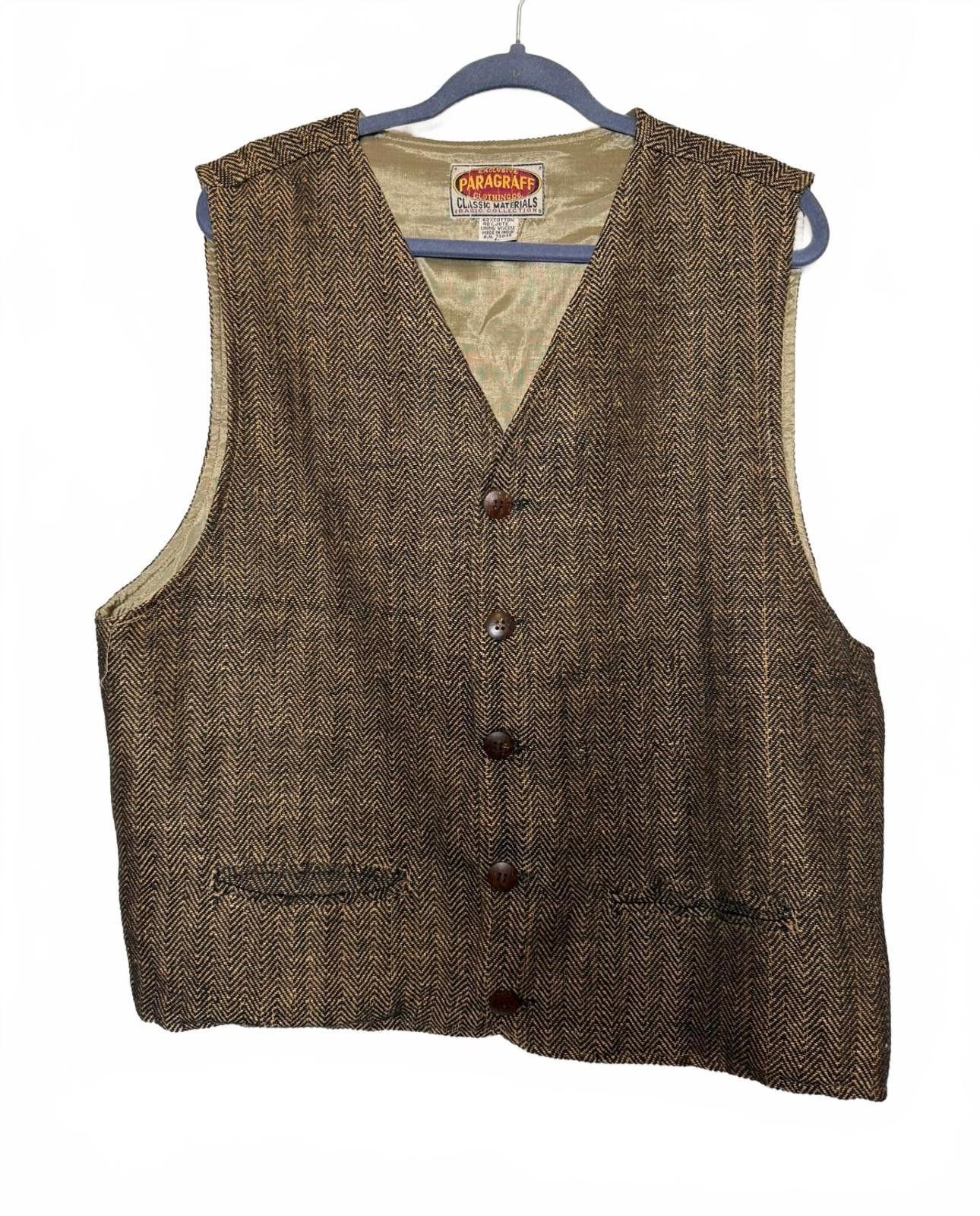 Other Vintage Paragraf Men's Brown Herringbone Tweed Vest Size US L / EU 52-54 / 3 - 5 Thumbnail