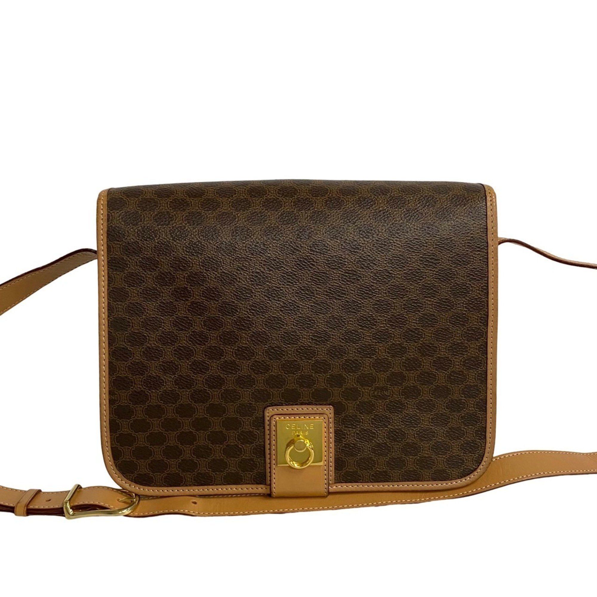 image of Celine Macadam Blason Ring Hardware Leather Shoulder Bag Pochette Brown 24338, Women's