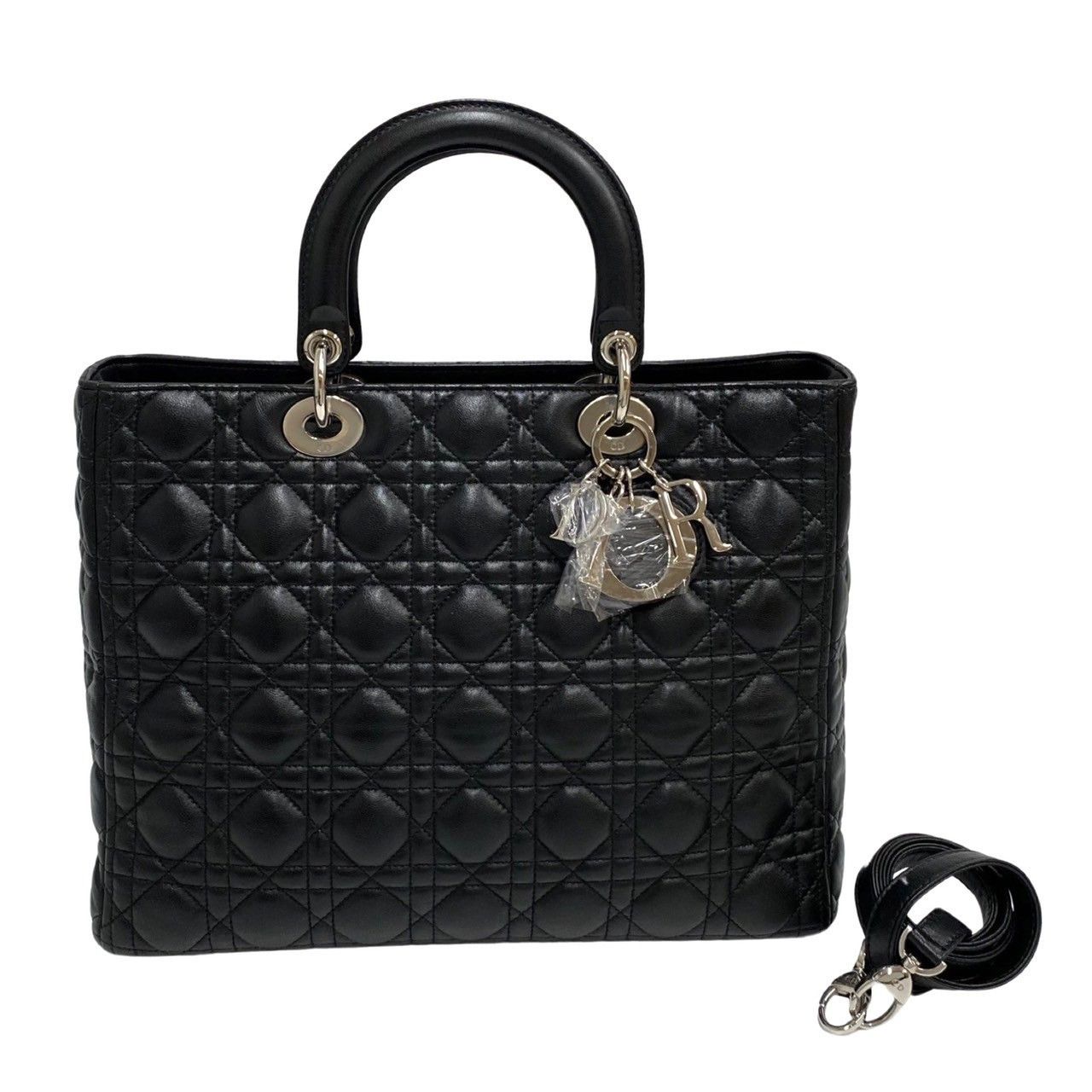 image of Christian Dior Logo Charm Leather Handbag Tote Bag Black, Women's