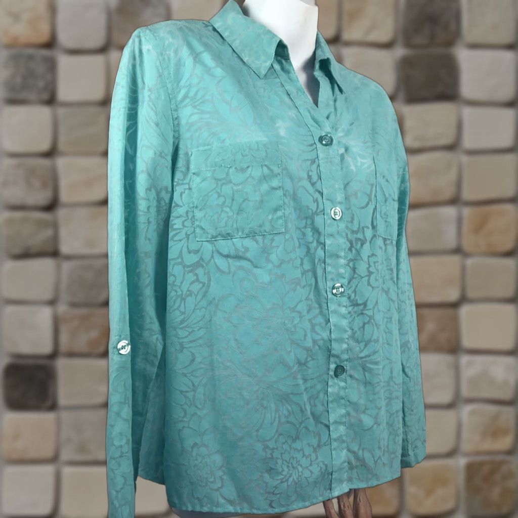 Vintage Sag Harbor Blouse Shirt Womens Large Aqua Floral Roll Tab Sleeve Collared Button Basic Beach Tropical Summer Florida Lightweight Casual Size L / US 10 / IT 46 - 1 Thumbnail