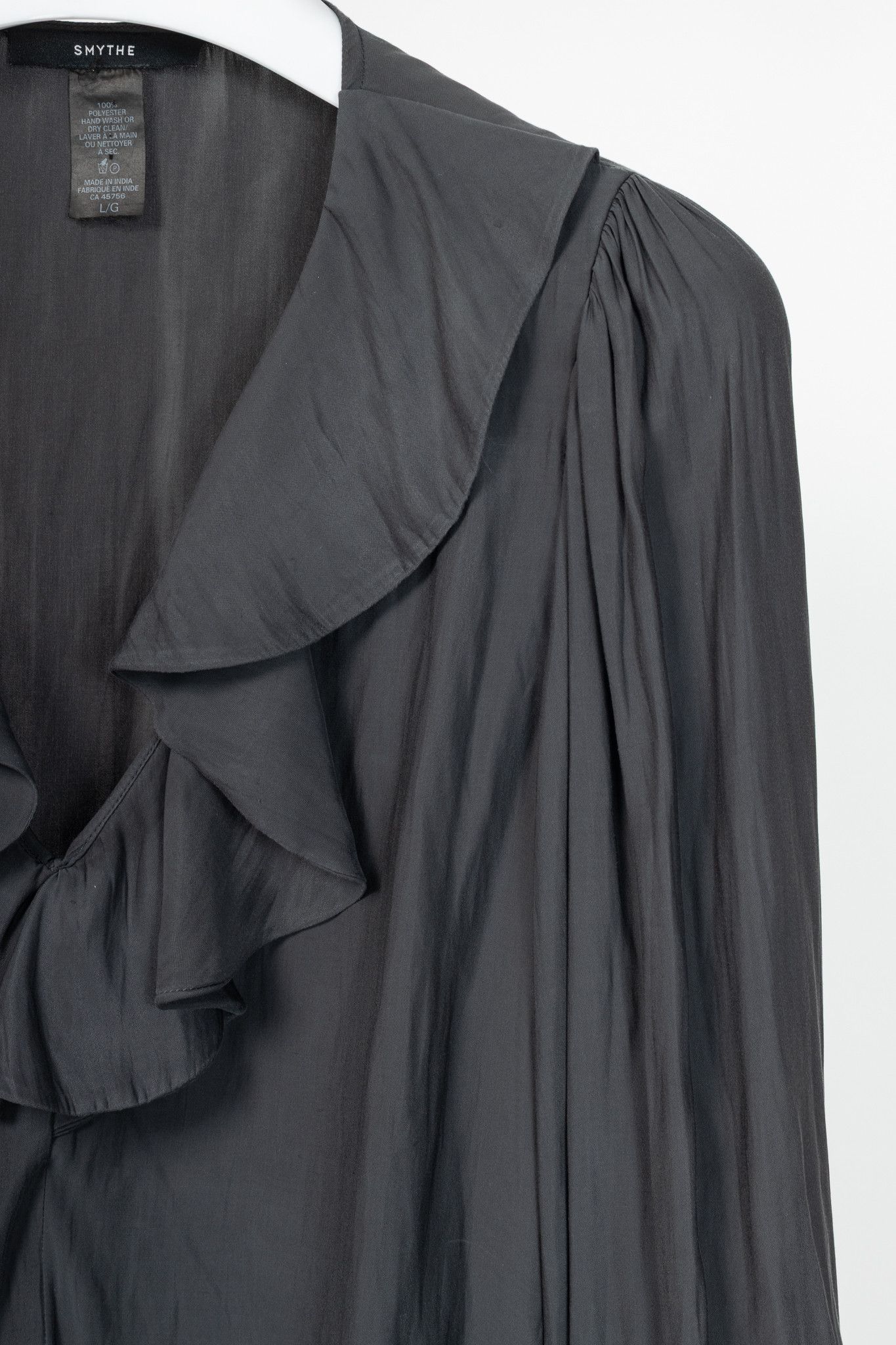 SMYTHE Smythe Carbon Matte-Satin Over-The-Head Ruffle Blouse Size L / US 10 / IT 46 - 5 Thumbnail