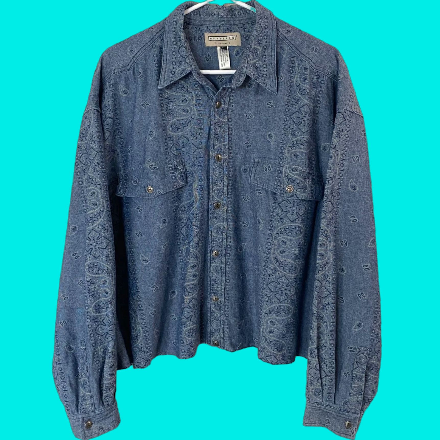 Vintage VINTAGE UNIONBAY Shirt Cropped Button-Up Chambray 100% Cotton Long Sleeve Women’s Large Blue Paisley Size L / US 10 / IT 46 - 1 Thumbnail