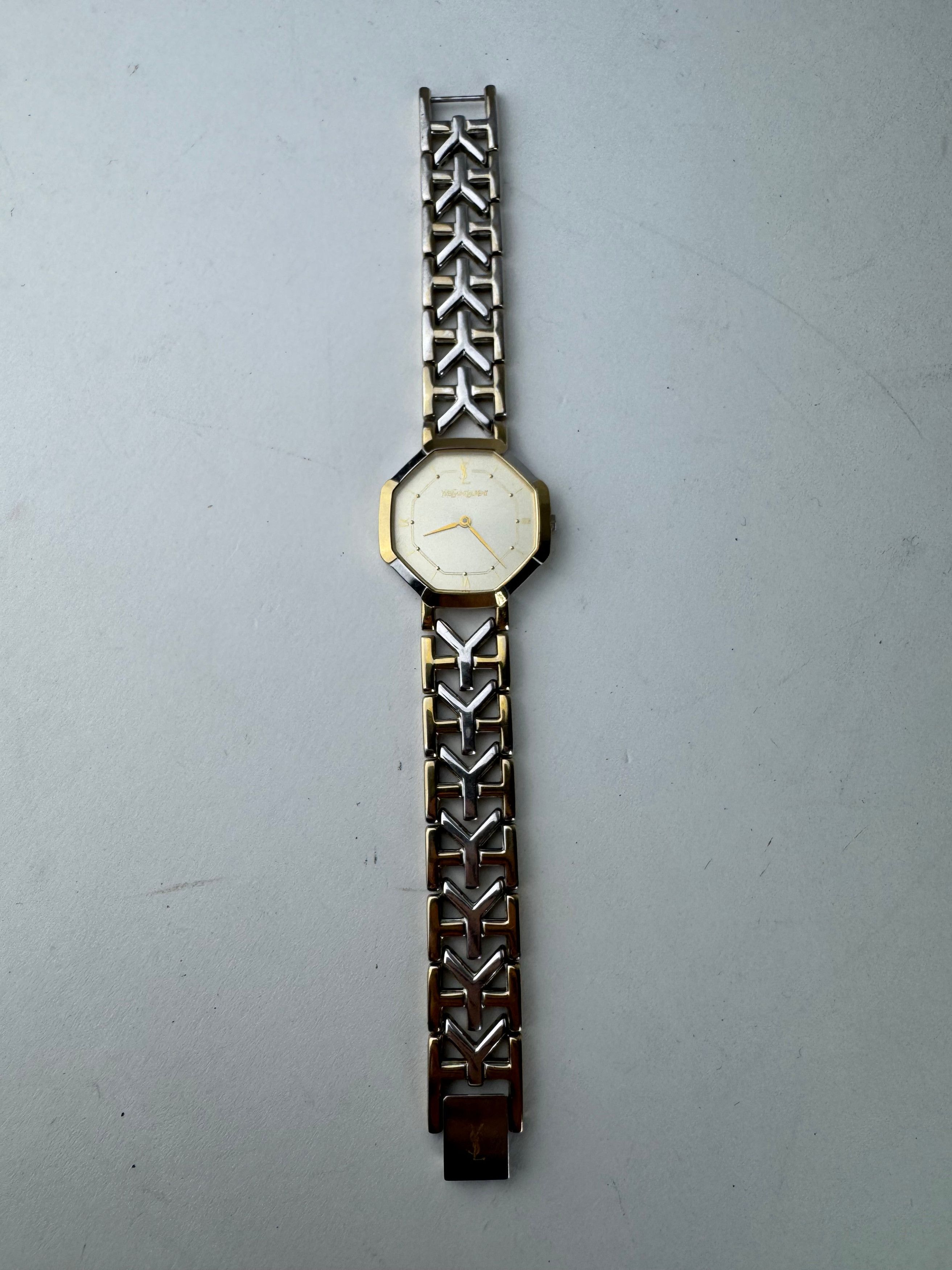 Vintage Yves Saint Laurent Bicolor Quartz Watch Silver Golde