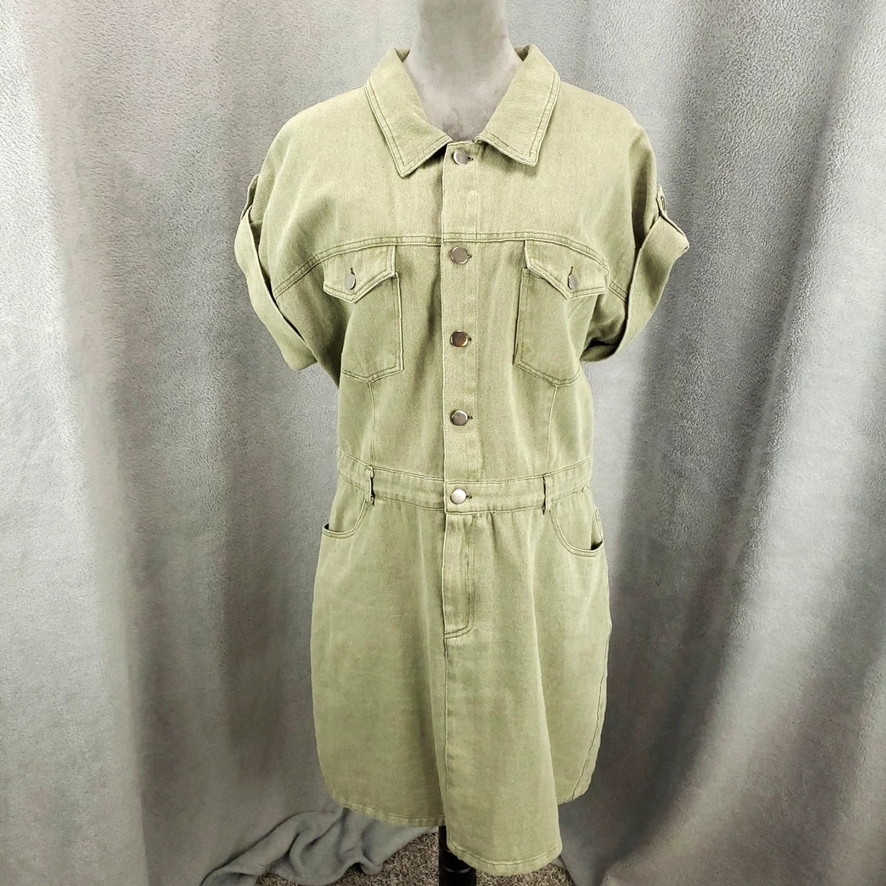 Vintage Womens Denim Dress Size Large The Refinery Short Sleeve Button Up Collared 90s Classic Mini Green Denim Dress Size L / US 10 / IT 46 - 2 Thumbnail