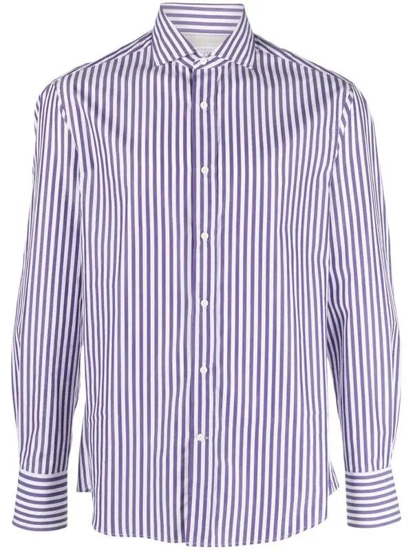 Brunello Cucinelli o1y0526 Striped Shirt in Purple/White Size US S / EU 44-46 / 1 - 1 Thumbnail