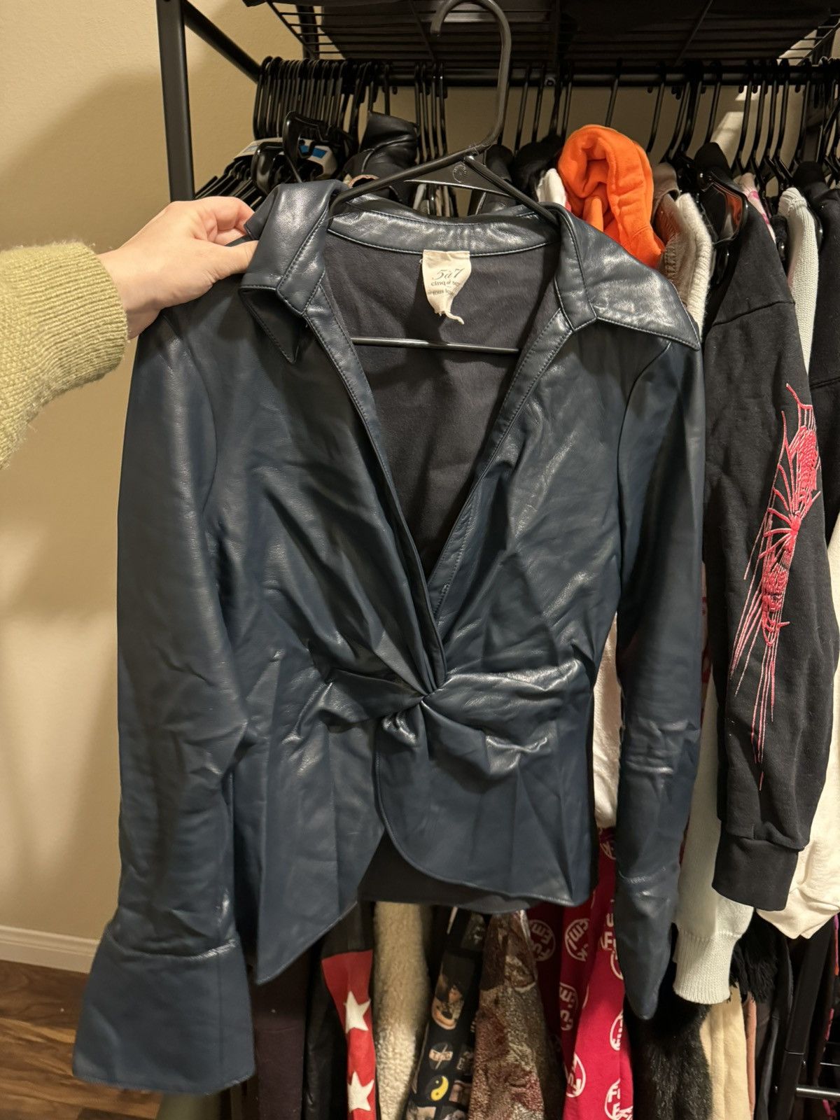 image of Cinq A Sept Faux-Leather Twisted Mckenna Blouse Top in Blue, Women's (Size Medium)