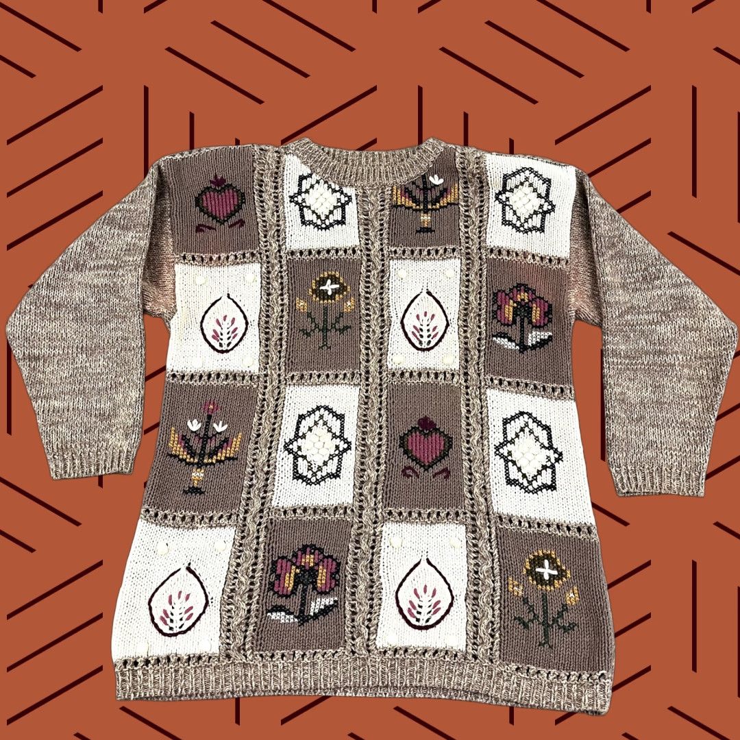 Vintage VINTAGE Jennifer Reed Women's Sweater Pullover Long Sleeve Crew Neck Floral Patchwork Brown Fall Winter Casual Girls Medium Size M / US 6-8 / IT 42-44 - 1 Thumbnail