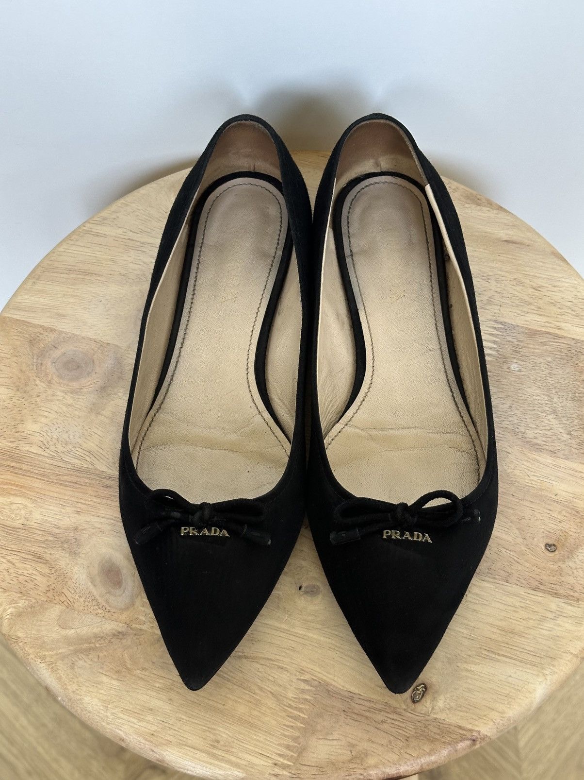 Prada Prada Black Suede Pointed Toe Ballet Flats With Metal Logo Size US 6 / IT 36 - 3 Thumbnail
