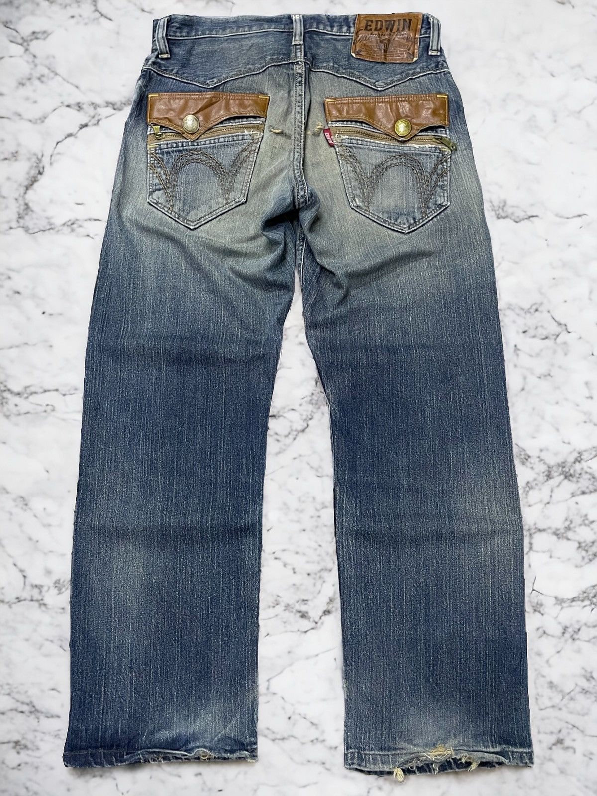 Edwin × If Six Was Nine × Vintage Edwin XV 404 Mud Wash Leather Trimmed Loose Jeans Size US 32 / EU 48 - 1 Thumbnail