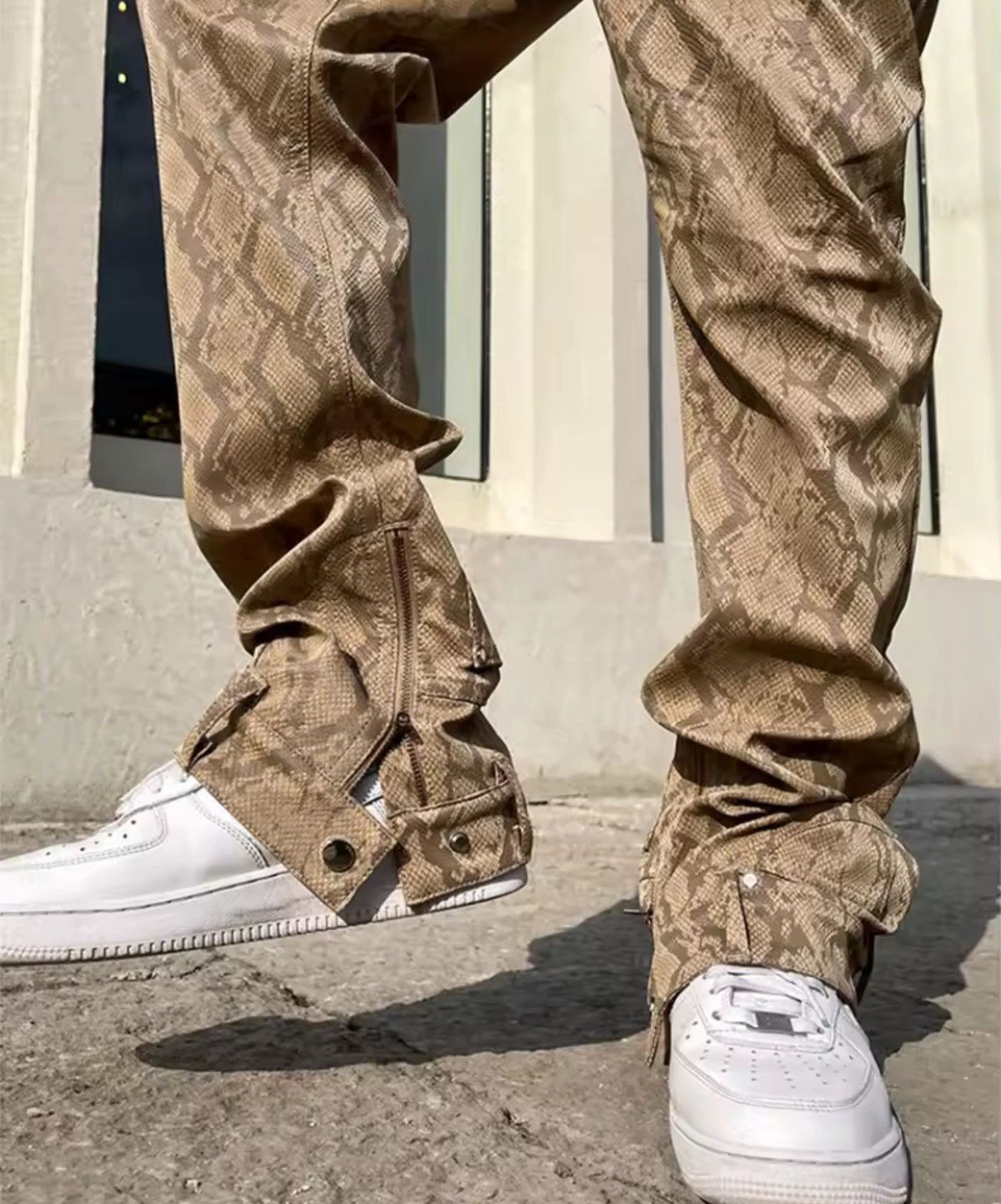 Japanese Brand Python Snake Print PU Leather Pants w/ Cargo Zips & Straps Size US 34 / EU 50 - 2 Thumbnail