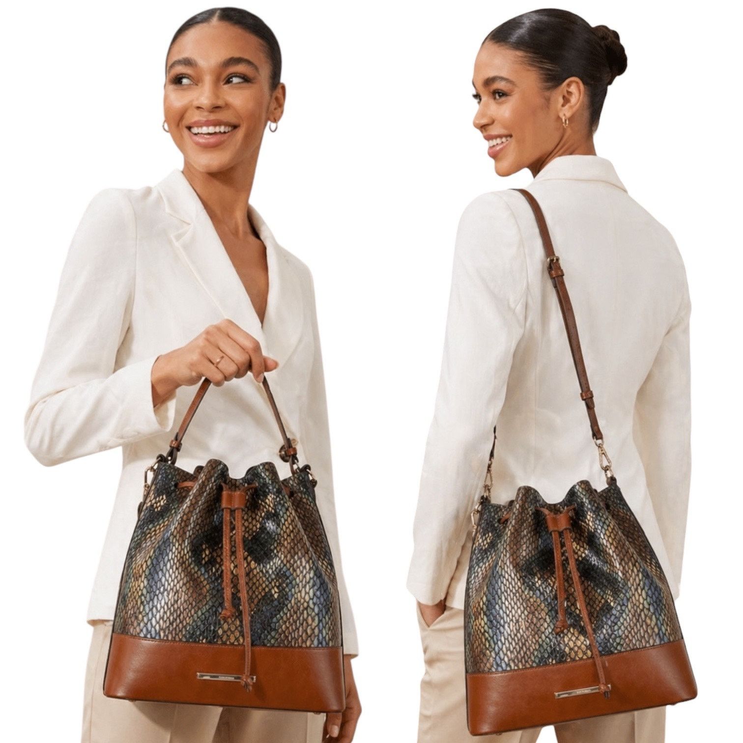 BRAHMIN Brahmin Marlowe Embossed Leather Bucket Bag Bottle Blue Size ONE SIZE - 1 Thumbnail