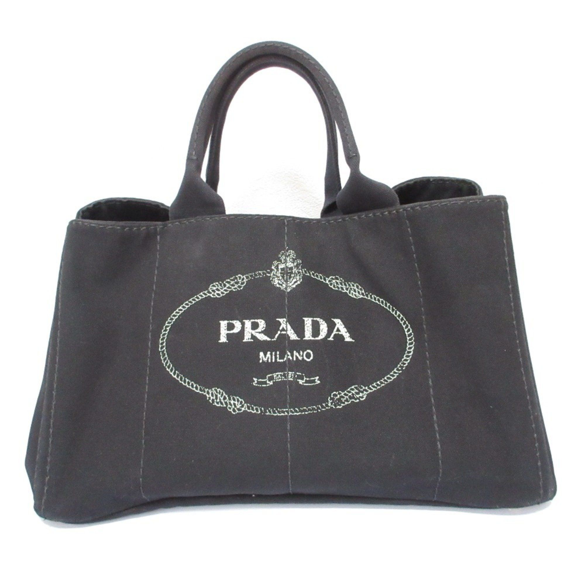 Prada Canapa L Triangle Logo Plate Canvas Tote Bag Black Women's