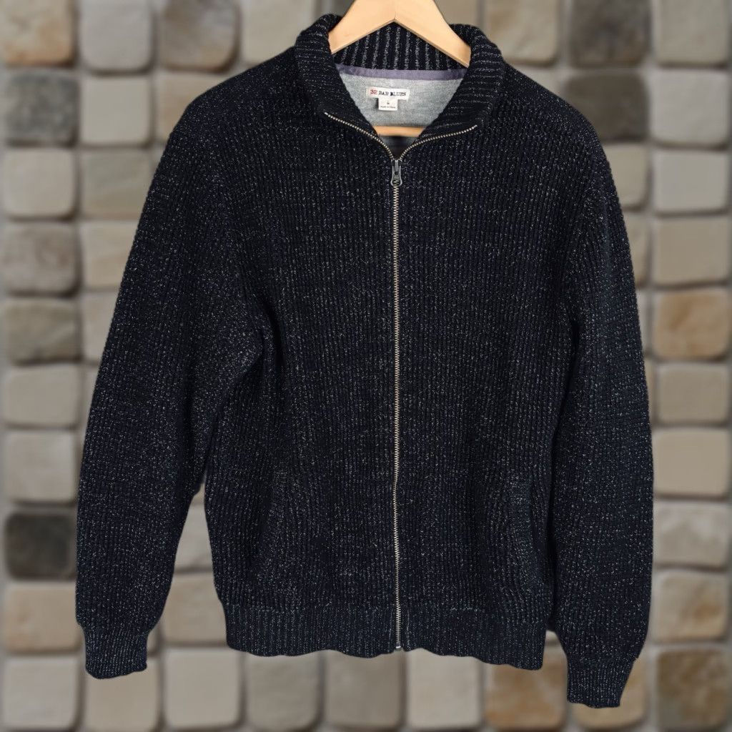 Vintage 32 Bar Blues Sweater Jacket Mens M Full Zip Long Sleeve Pocket Black Distressed Cardigan Knitted Heavyweight Zipper VINTAGE: No Size US M / EU 48-50 / 2 - 1 Thumbnail
