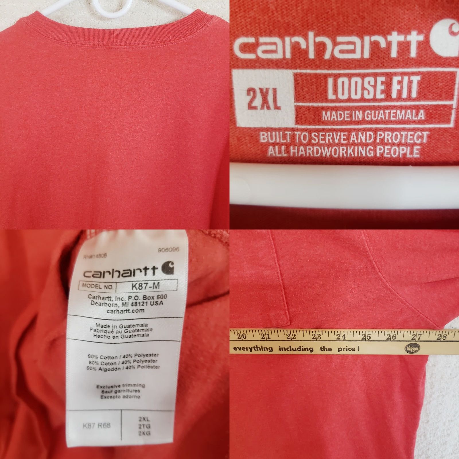Carhartt Carhartt Pocket Tee Men 2XL Red Short Sleeve Crew Neck Cotton Jersey Logo Pocket Relaxed Fit All Seasons Size US 39 - 8 Thumbnail