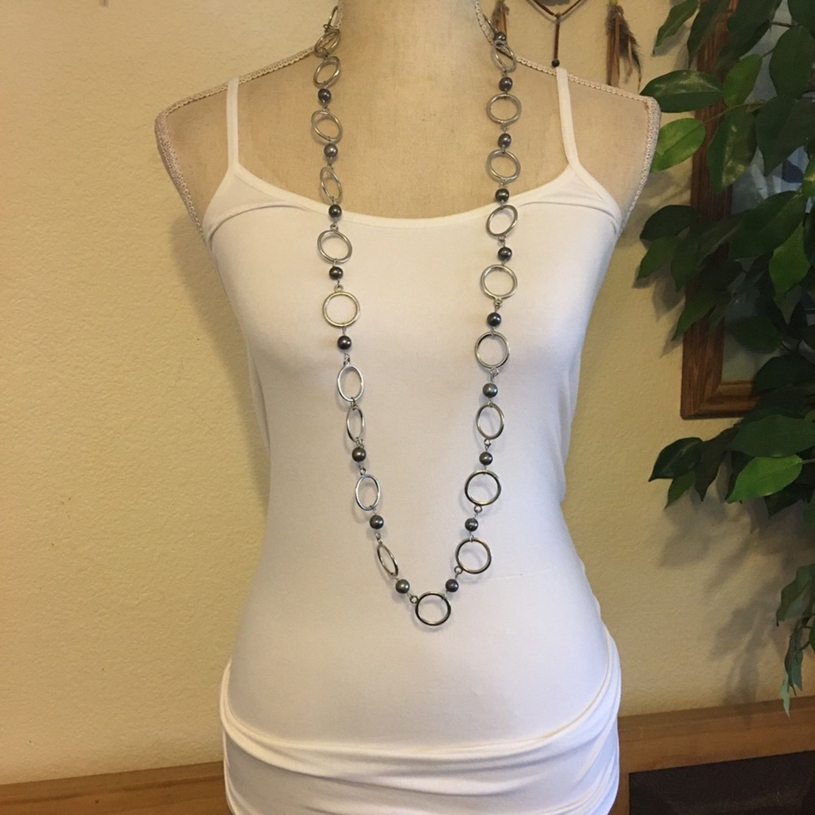 Jewelry Silver links with pearl accent long necklace Size ONE SIZE - 3 Thumbnail
