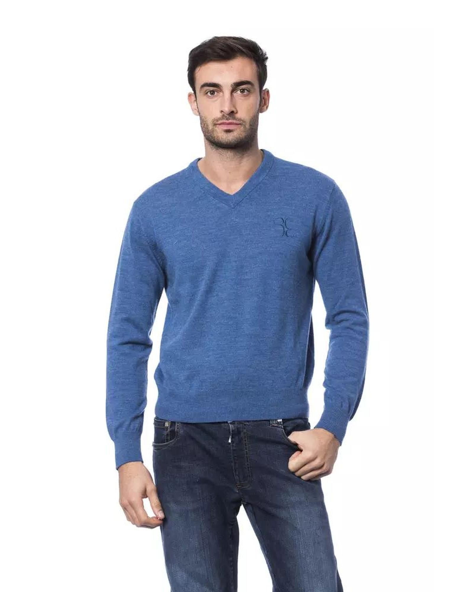 Image of Billionaire Couture Embroidered Merino Wool Sweater in Blue, Men's (Size 2XL)