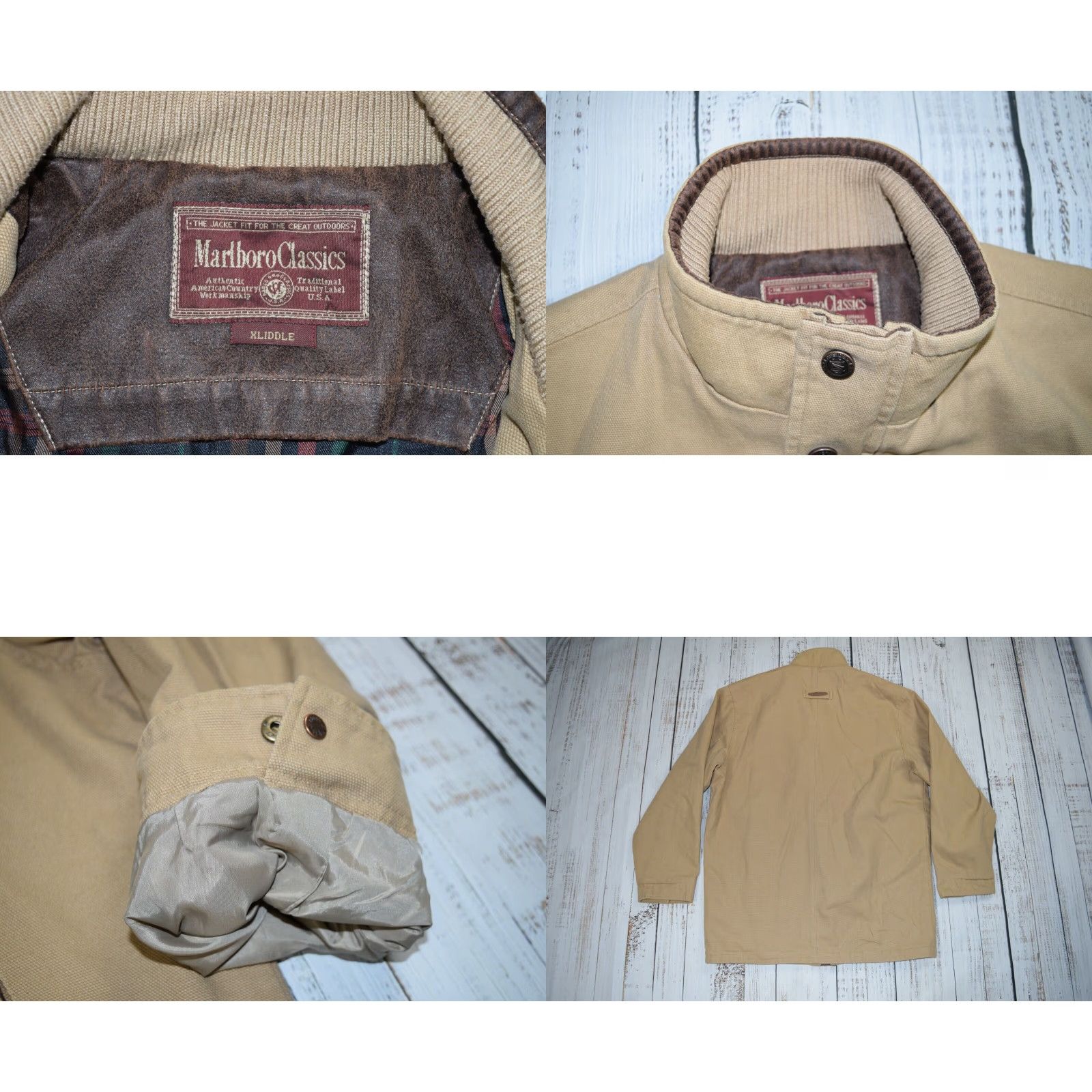 VINTAGE Marlboro Classics Canvas Work Jacket Khaki Plaid Lined Full Zip XL 90s Mens