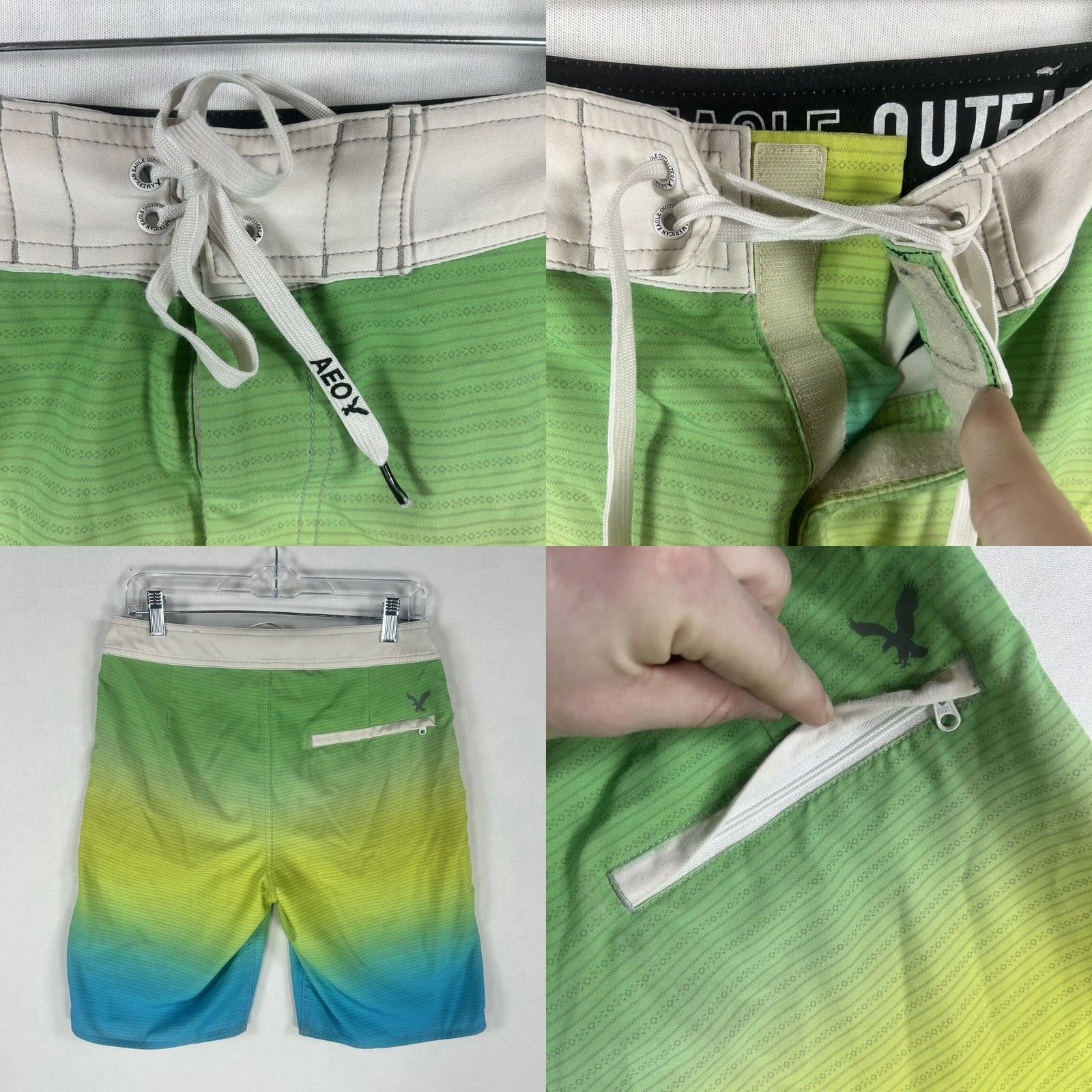 American Eagle Outfitters American Eagle Board Shorts Small Green Blue Yellow Swimsuit Swim Trunks Pockets Men Regular Size Chevron Beach or Board Size US 29 - 9 Thumbnail