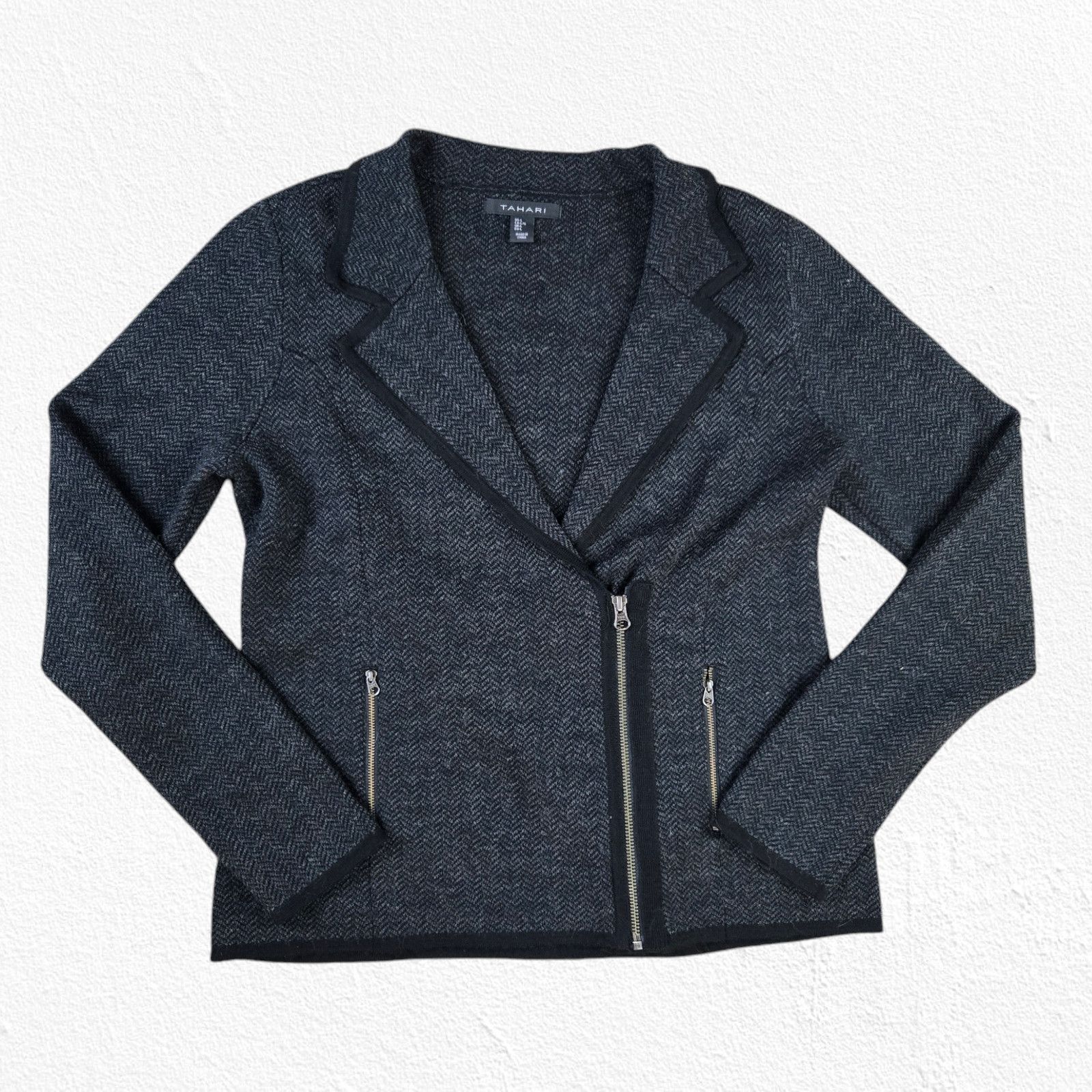Other Tahari Gray Asymmetrical Zip Wool Moto Jacket Size Large Size L / US 10 / IT 46 - 2 Thumbnail