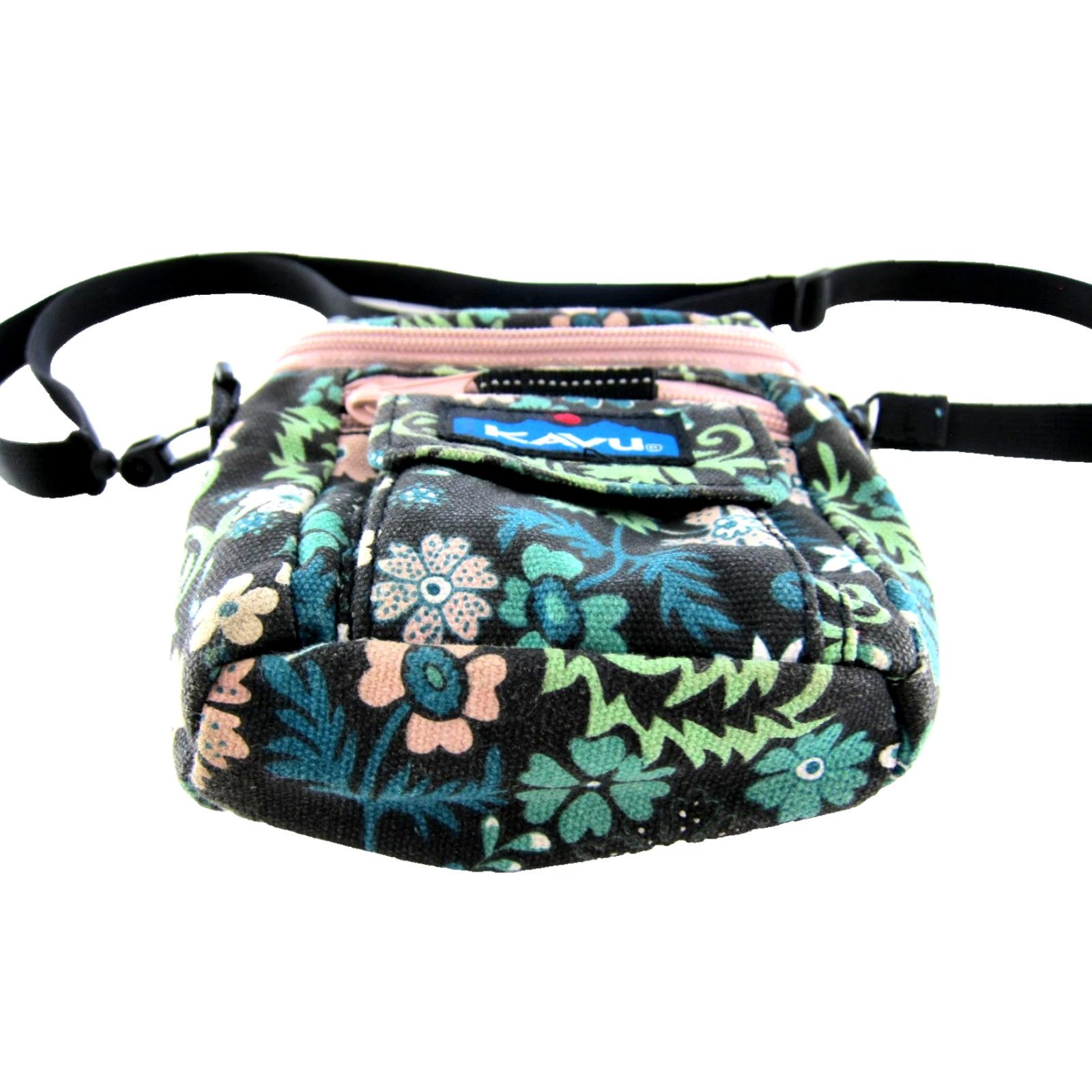 KAVU KAVU Black Pink Blue Green Floral Cotton Canvas Zip Mini Satchel Crossbody Purse Size ONE SIZE - 4 Thumbnail