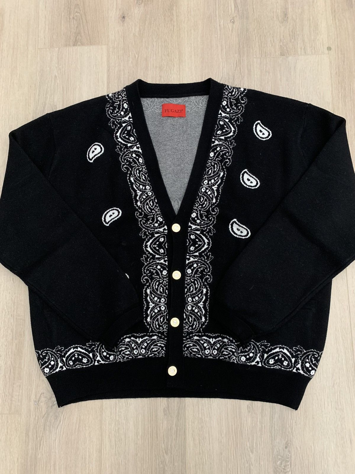 image of Fugazi Paisley Bandana Cardigan Sweater in Black, Men's (Size XL)