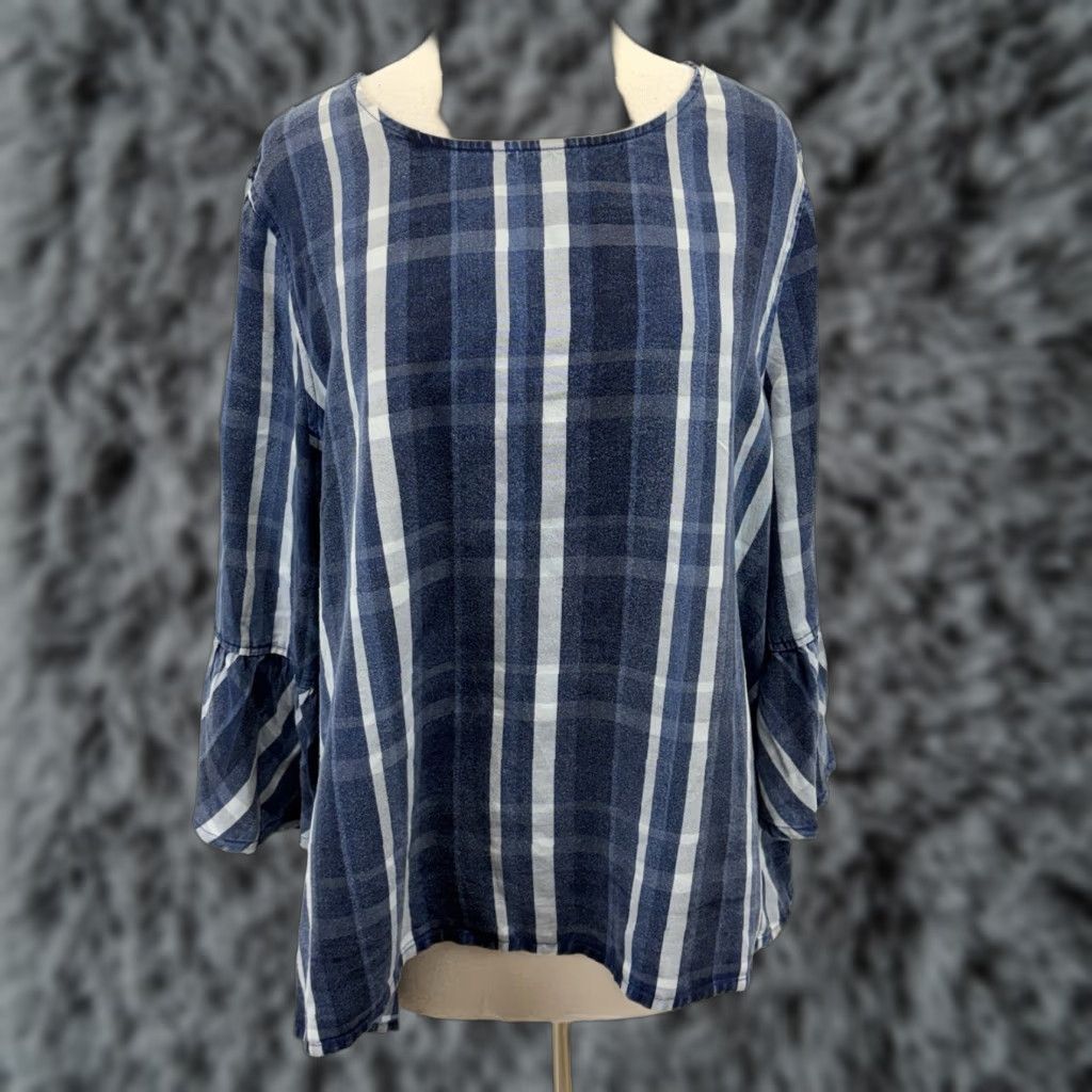 Vintage John Mark Bell Sleeve Blouse Women’s XL Blue Plaid Tencel 3/4 Sleeve Round Neck Pullover Casual Travel Vintage No Size XL / US 12-14 / IT 48-50 - 1 Thumbnail