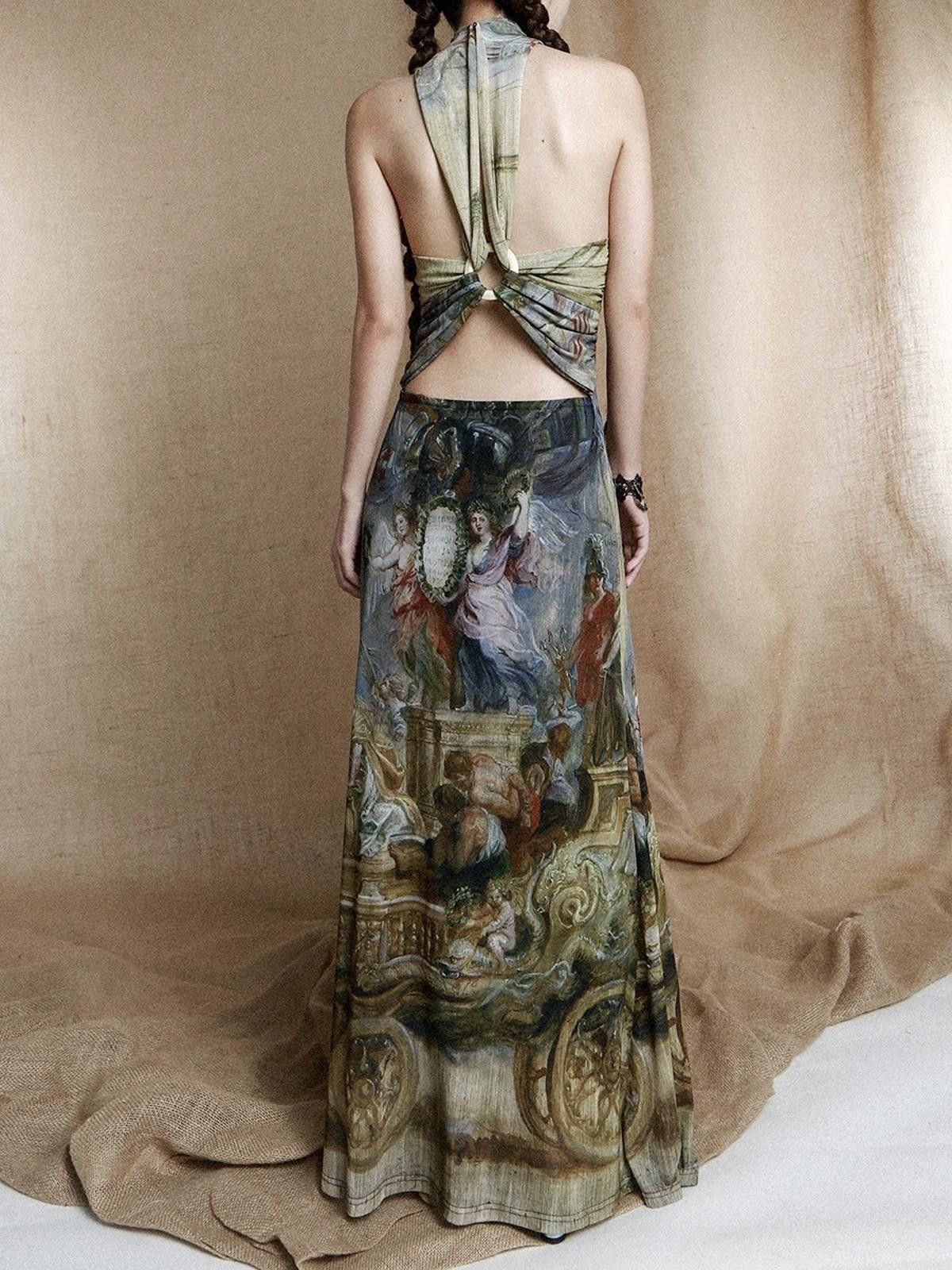 Designer Vintage Style Painting Print Halter Maxi Dress Size M / US 6-8 / IT 42-44 - 2 Thumbnail