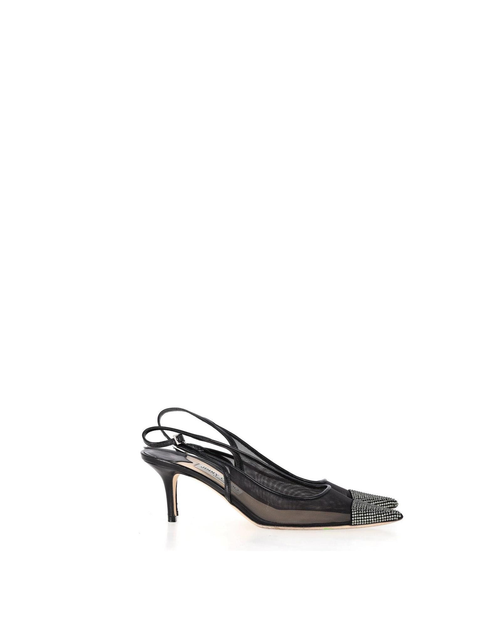 image of Jimmy Choo Crystal-Embellished Slingback Pumps In Black Mesh And Leather Shoes, Women's (Size 10)