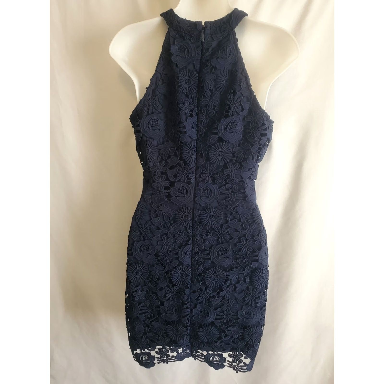 Lulus Lulus Womens Navy Blue Lace Halter Bodycon Dress S Small Sleeveless Zip Short Mini Party Wedding Size S / US 4 / IT 40 - 4 Thumbnail