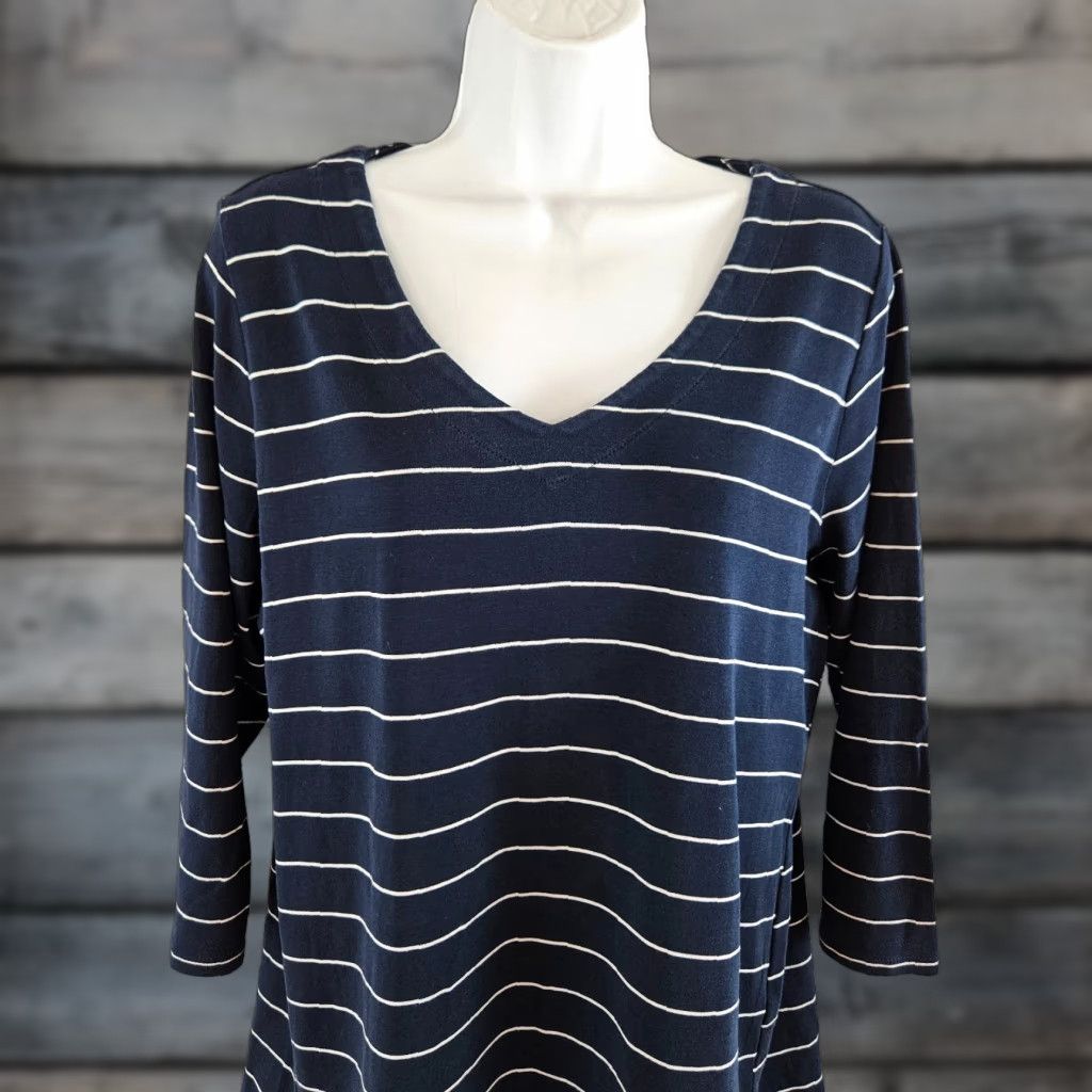 J. Jill J Jill Womens Pima 3/4 Sleeve V-Neck Top Sz Large Blue White Stripe Shirt Womens Size L / US 10 / IT 46 - 1 Thumbnail
