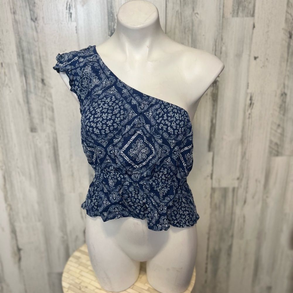Other Pink Rose One Shoulder Navy Boho Ruffle Peplum Top Size L – Size L / US 10 / IT 46 - 1 Thumbnail