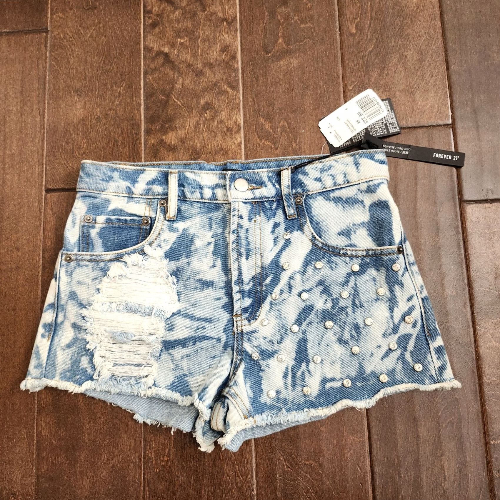 Forever 21 FOREVER 21 Women's Denim Shorts High Rise Distressed Embellished Blue 26 Regular Batik Party/Cocktail Summer Spring Fall Womens Size 26" / US 2 / IT 38 - 2 Thumbnail