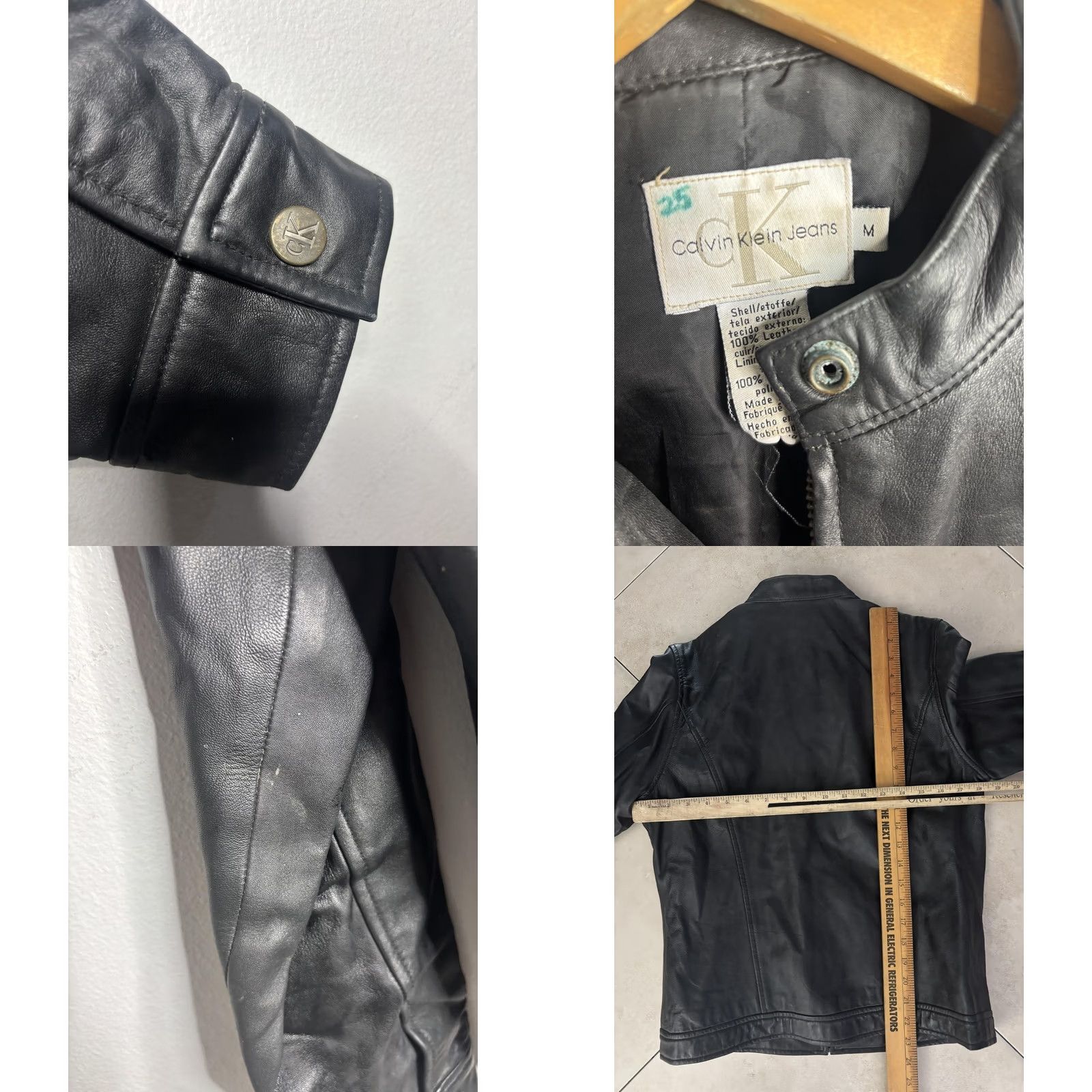 Vintage Calvin Klein Jeans Jacket Womens Medium Black Leather Moto Full Zip Biker Collar Size 32" / US 10 / IT 46 - 8 Thumbnail