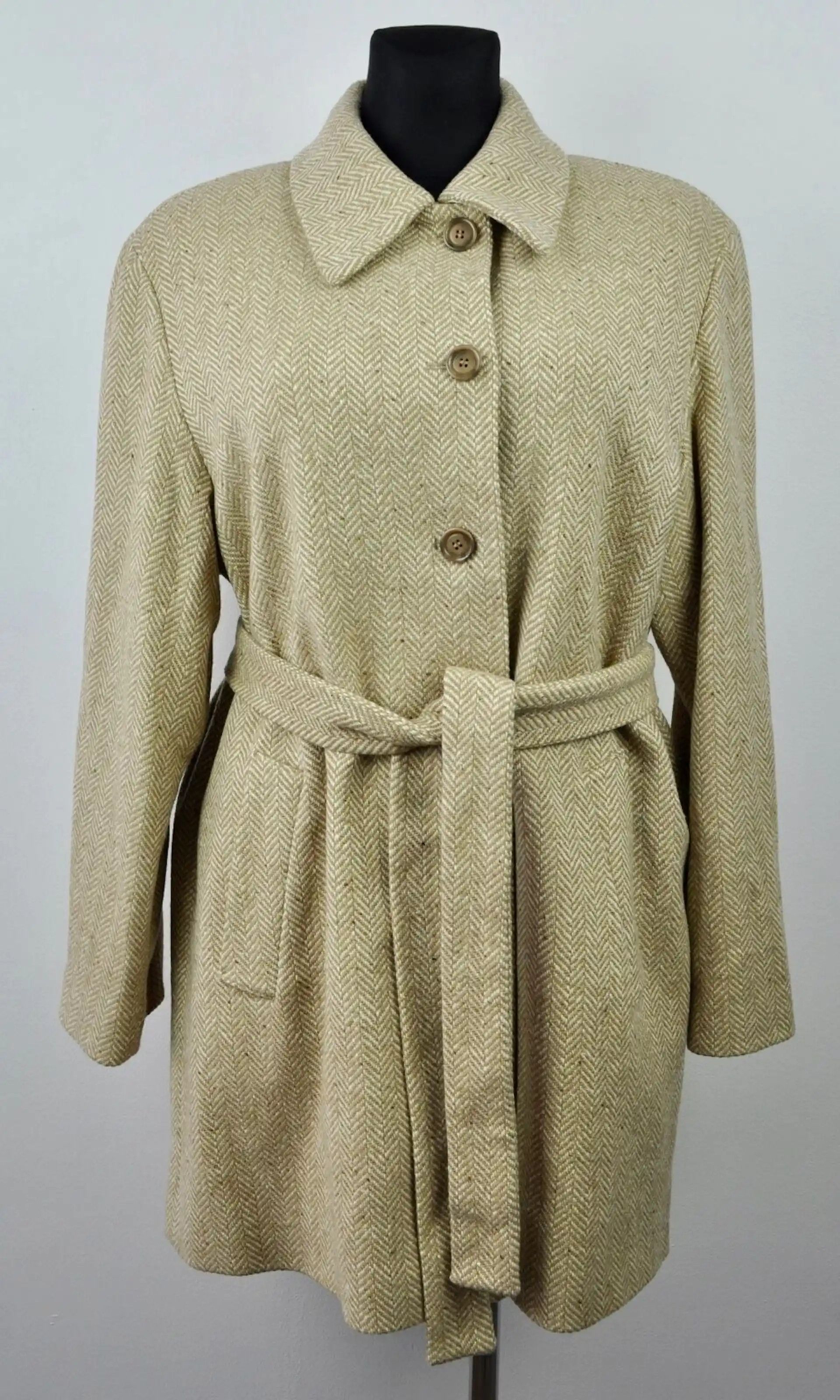 Vintage x ERICH FEND Herringbone Tweed Wool Coat Overcoat Belt Size L / US 10 / IT 46 - 2 Thumbnail
