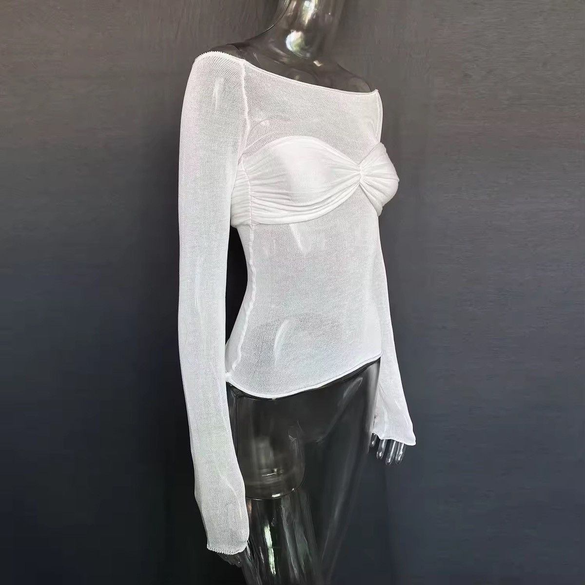 Japanese Brand Chic Mesh Long Sleeve Top - Knot Front, Stylish Size M / US 6-8 / IT 42-44 - 4 Thumbnail