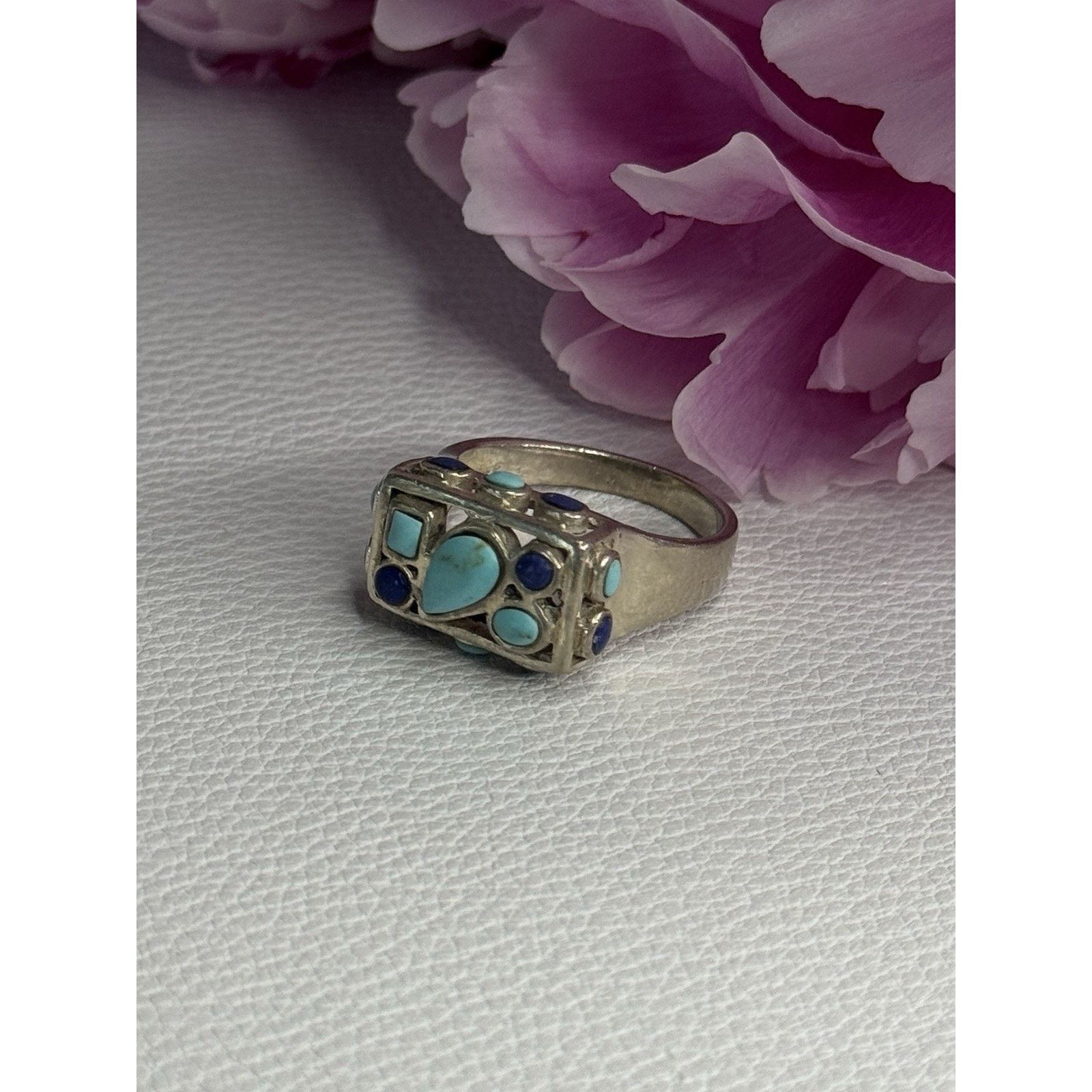 Jewelry 925 Sterling Silver Turquoise & Sodalite Ring Size 7.5, Women's