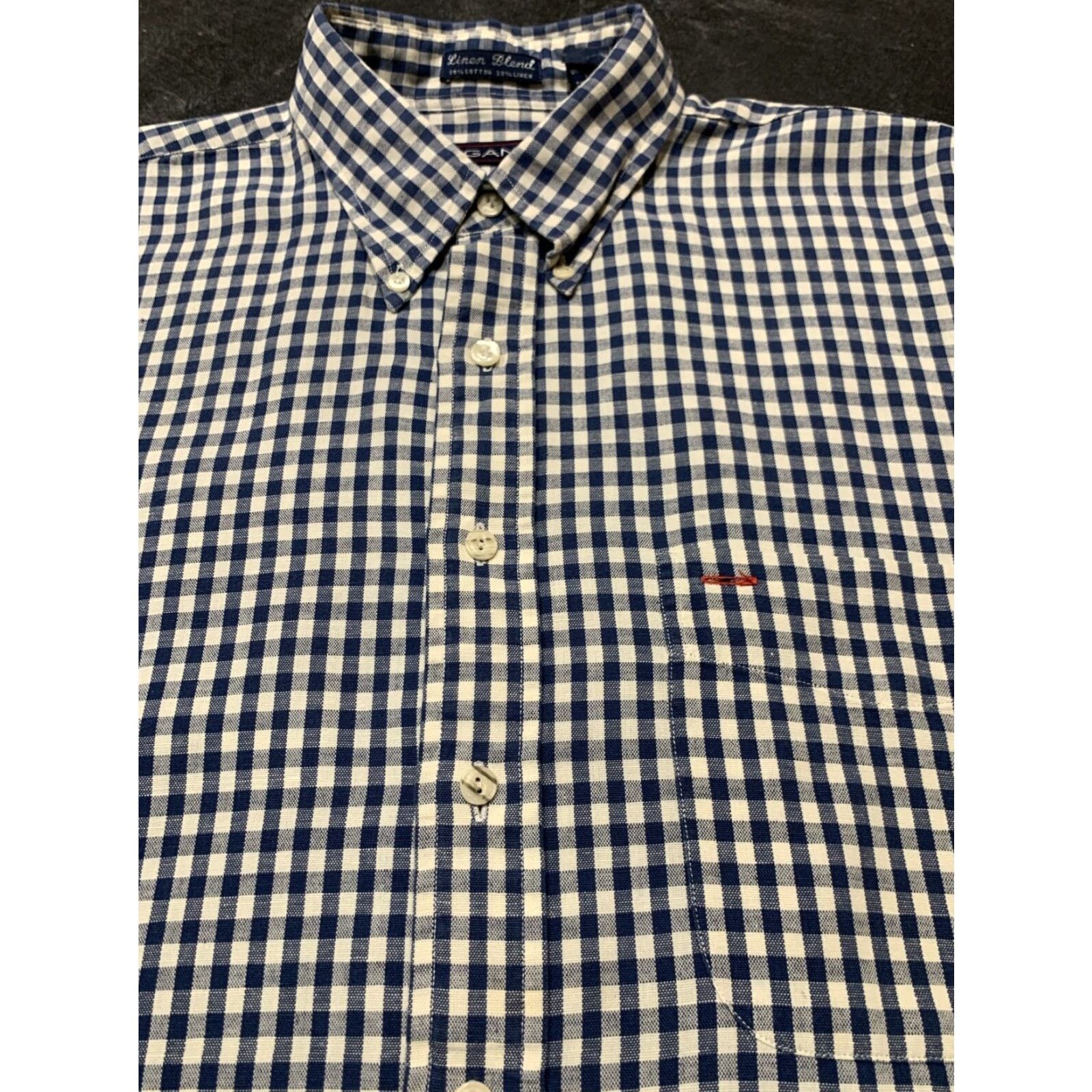 Gant GANT Mens Large Linen Blend Button Down Short Sleeve Blue Plaid Shirt Size US L / EU 52-54 / 3 - 3 Thumbnail