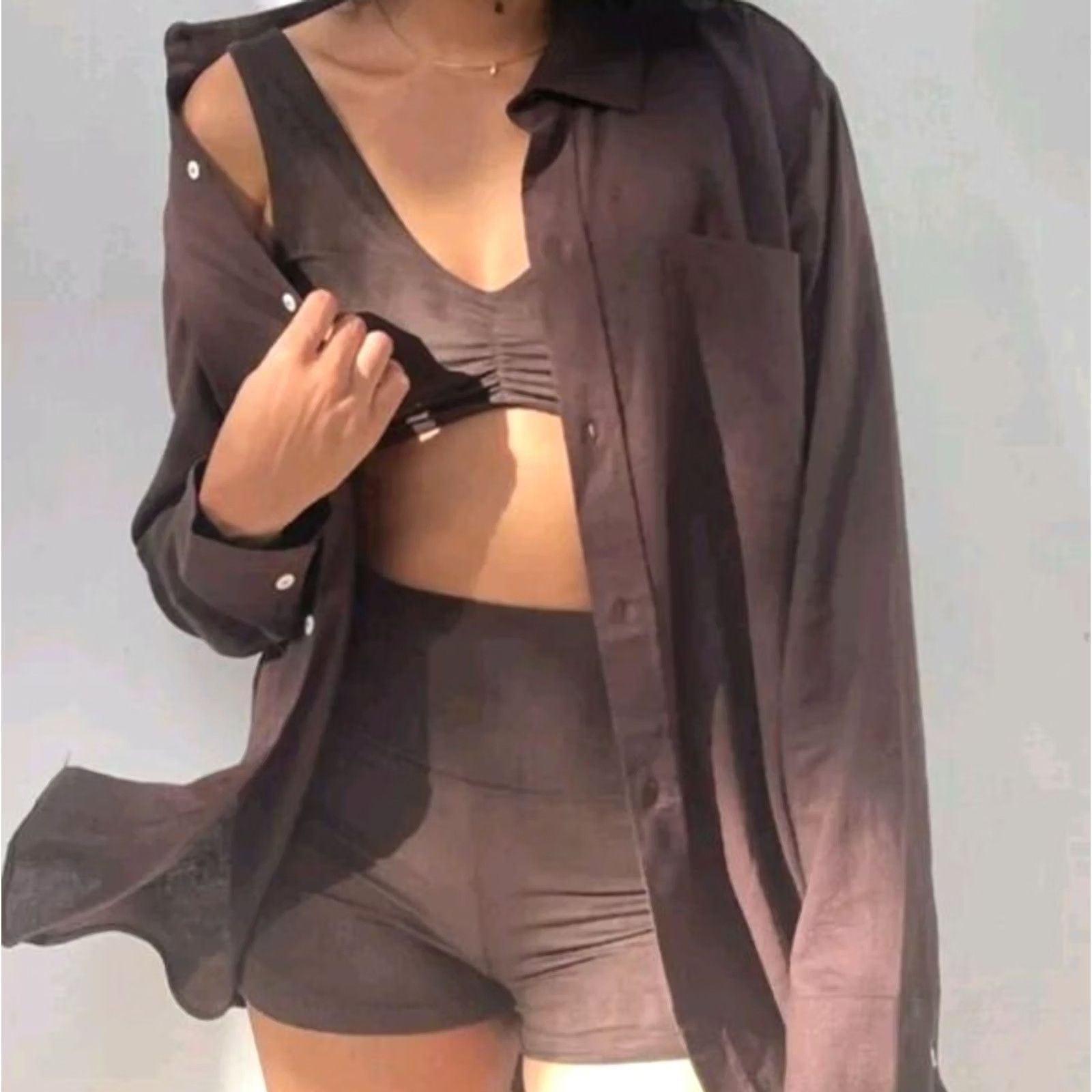 Vintage Montce Women's Button-Up Shirt Linen Blend Swim Cover Size S Brown, Linen Blend, Rayon, Button Down - Regular, 18 Size S / US 4 / IT 40 - 5 Thumbnail