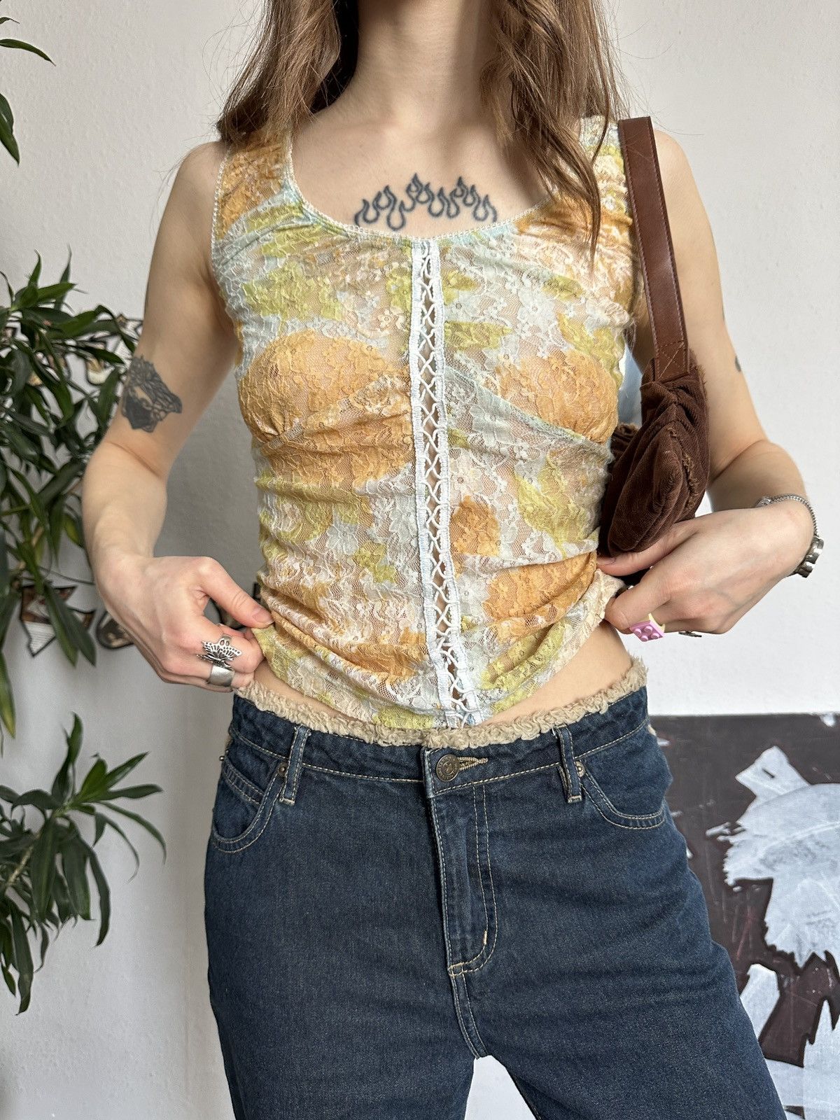 Vintage Vintage Fairy Core Mesh Lace Up Floral Pattern Blouse Size M / US 6-8 / IT 42-44 - 3 Thumbnail